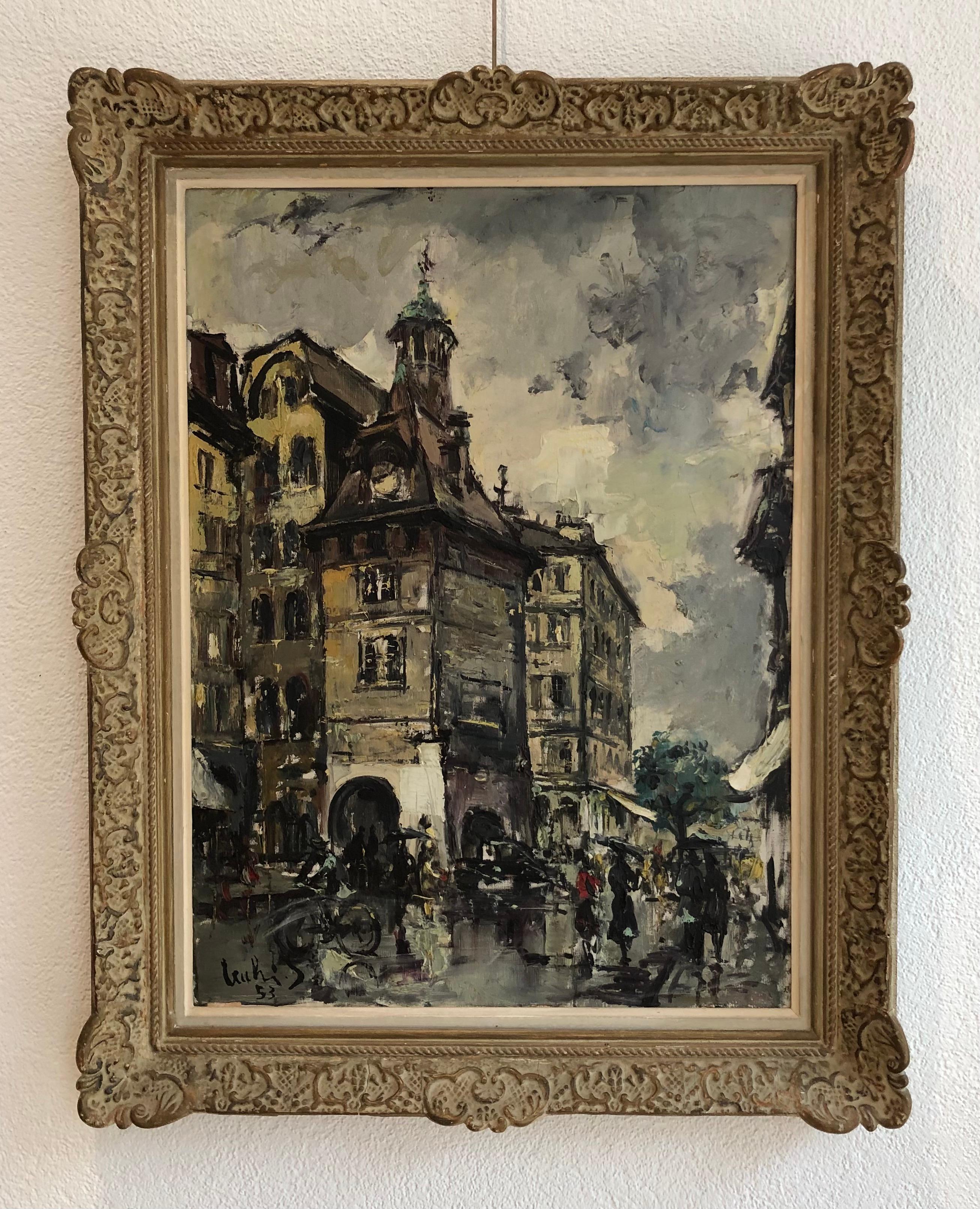 The lively Place of Molard, Geneva - Painting by Sergio Cecchi