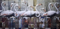 Sergio Cerchi "Fenicotteri" Unique Piece Oil on Canvas Contemporary Art Painting