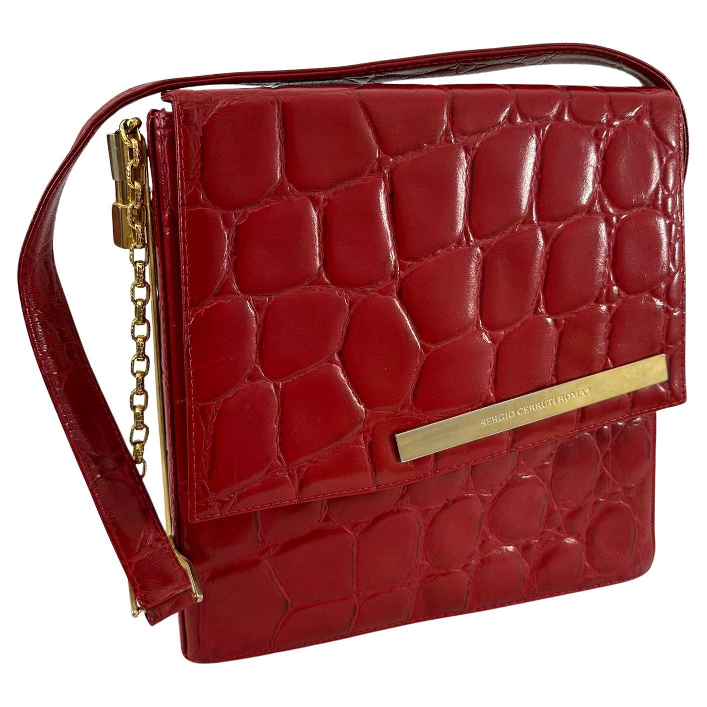 Sergio Cerruti Roma 1980s Red Faux Alligator Flap Novelty Shoulder Bag GHW For Sale