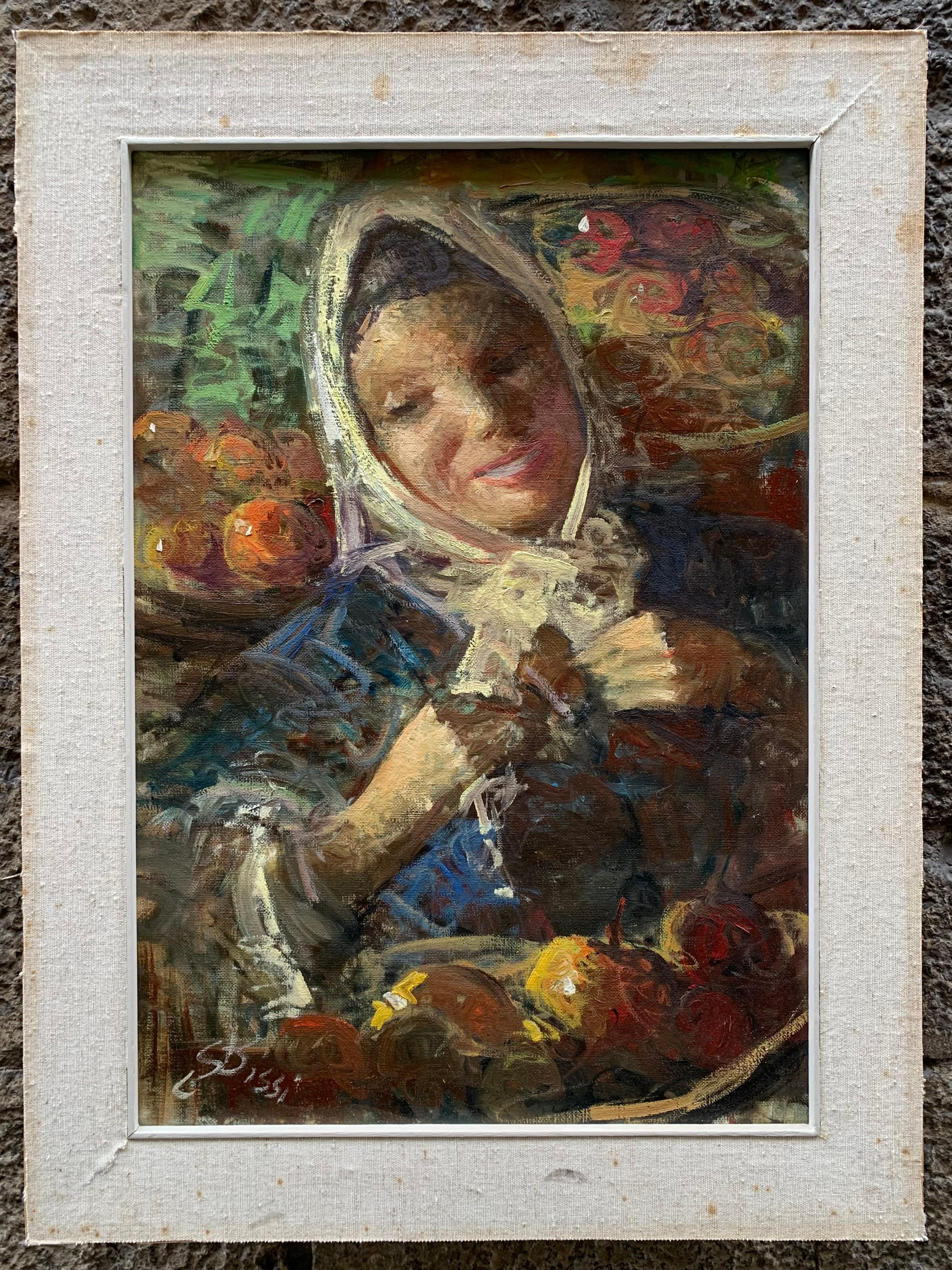 Mädchen mit Früchten. Markt. Jahr 1958. Signiert Sergio Cirno Bissi (1902 - 1987)  im Angebot 14