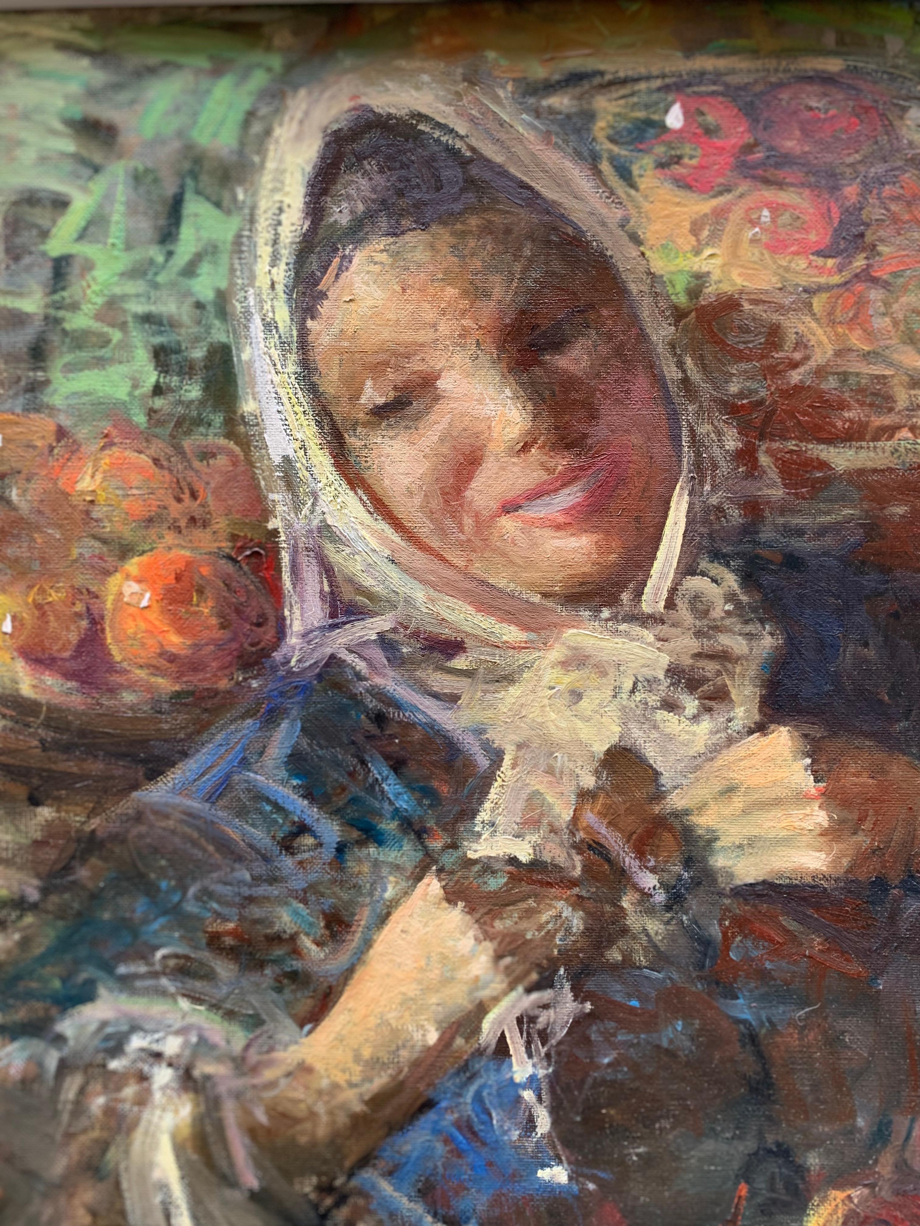 Girl with fruit Le marché. Année 1958. Signé Sergio Cirno Bissi (Carmignano, 1902 - Florence, 1987).
Cette peinture très colorée et expressive est l'œuvre du peintre toscan, actif à Florence. L'auteur du tableau capture l'expression d'une jeune