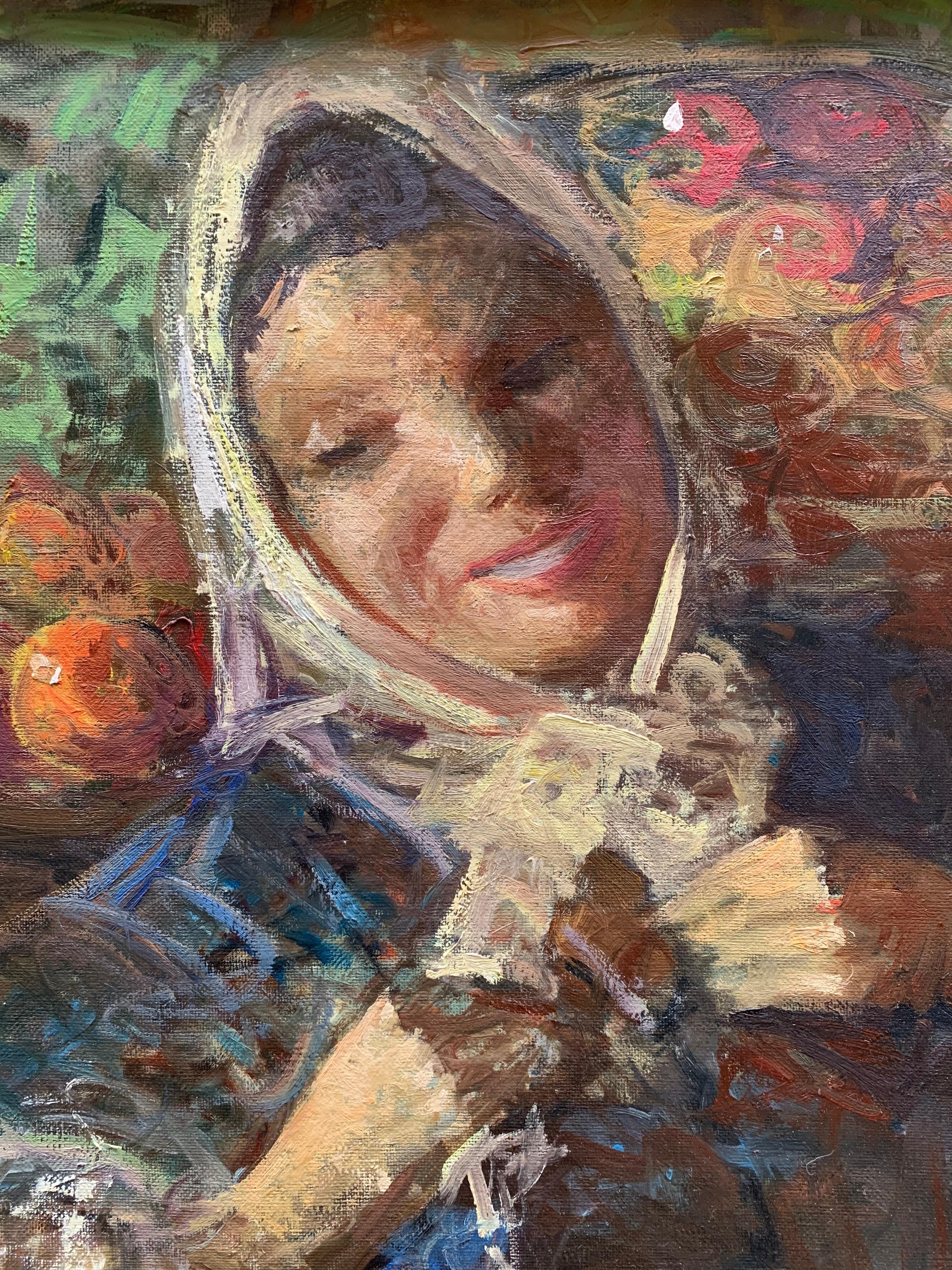 Girl with fruit. Market. Year 1958. Signed Sergio Cirno Bissi (Carmignano, 1902 - Florence, 1987).
The very colorful and expressive painting is created by the Tuscan painter, active in Florence. The author of the painting captures an expression of