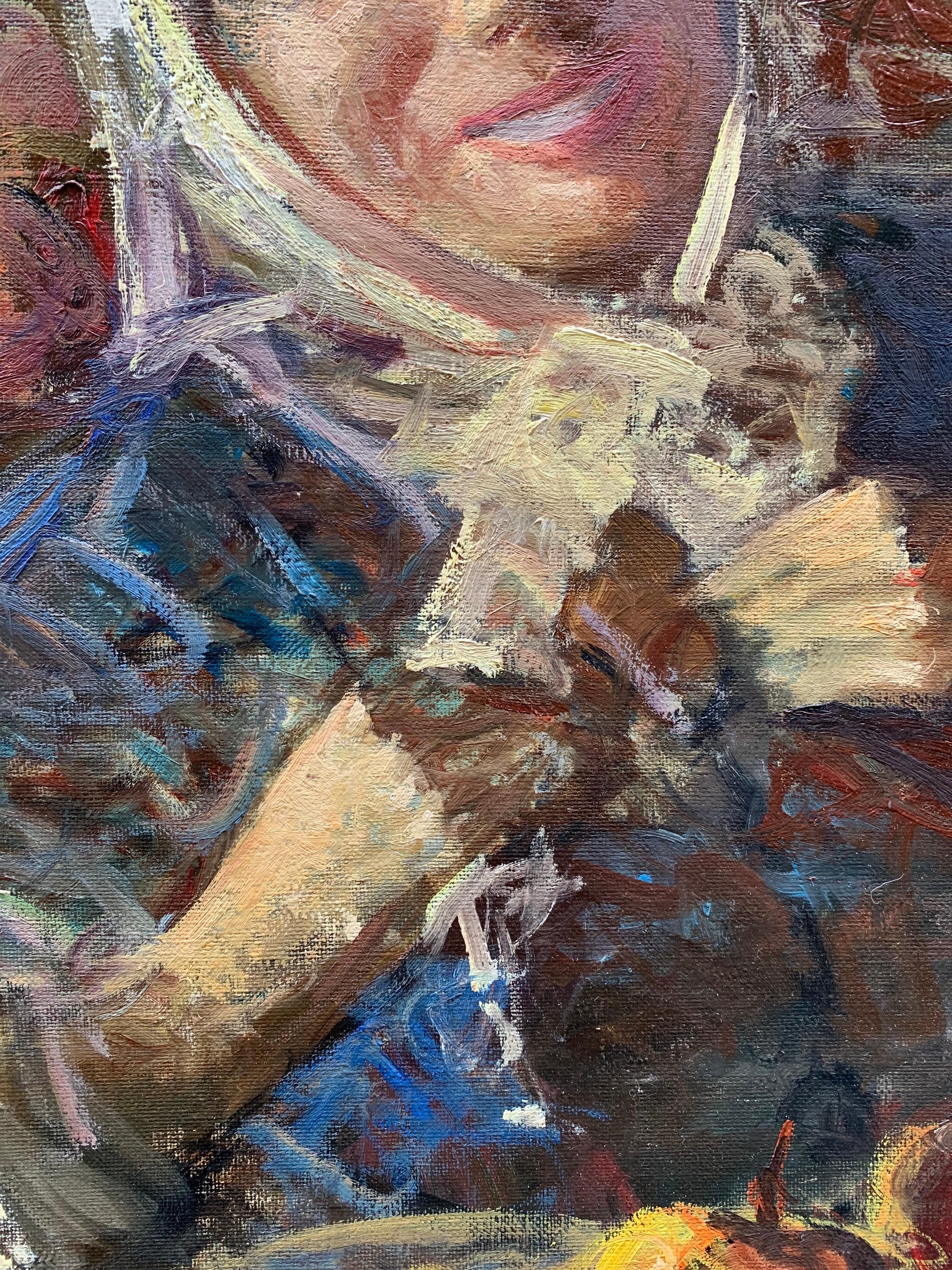 Girl with fruit. Market. Year 1958. Signed Sergio Cirno Bissi (Carmignano, 1902 - Florence, 1987).
The very colorful and expressive painting is created by the Tuscan painter, active in Florence. The author of the painting captures an expression of