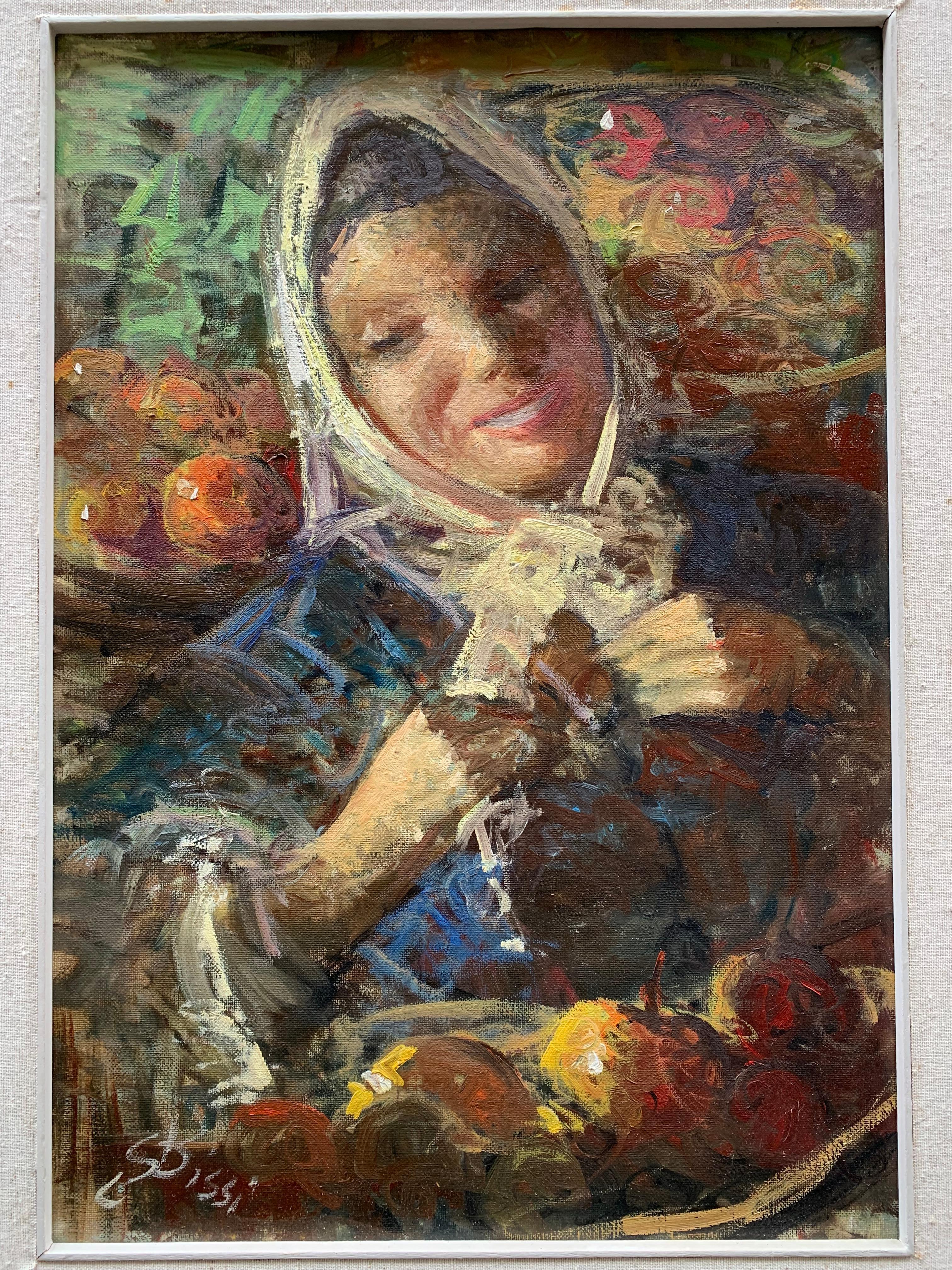 Sergio Cirni Bissi Figurative Painting - Girl with fruit. Market. Year 1958. Signed Sergio Cirno Bissi (1902 - 1987) 