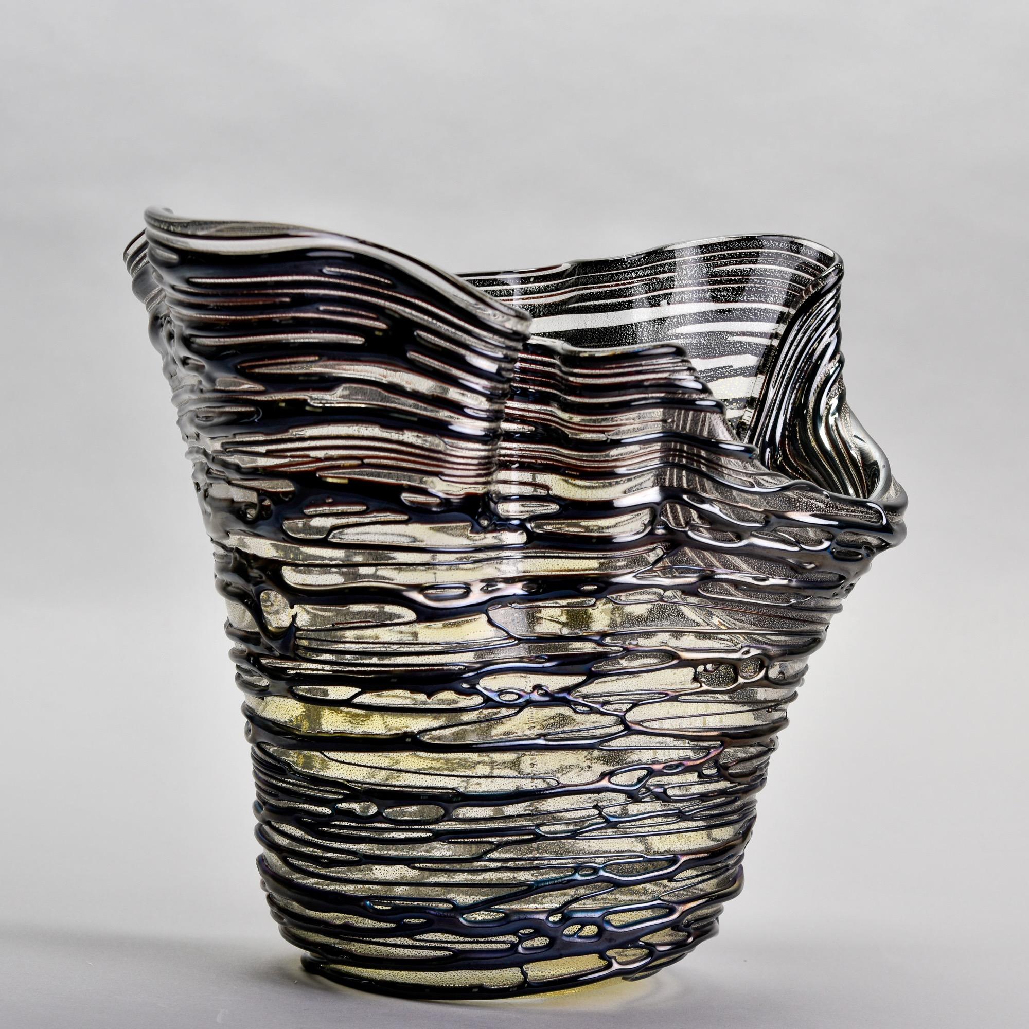 20th Century Sergio Costantini Black Striated Murano Glass Vase