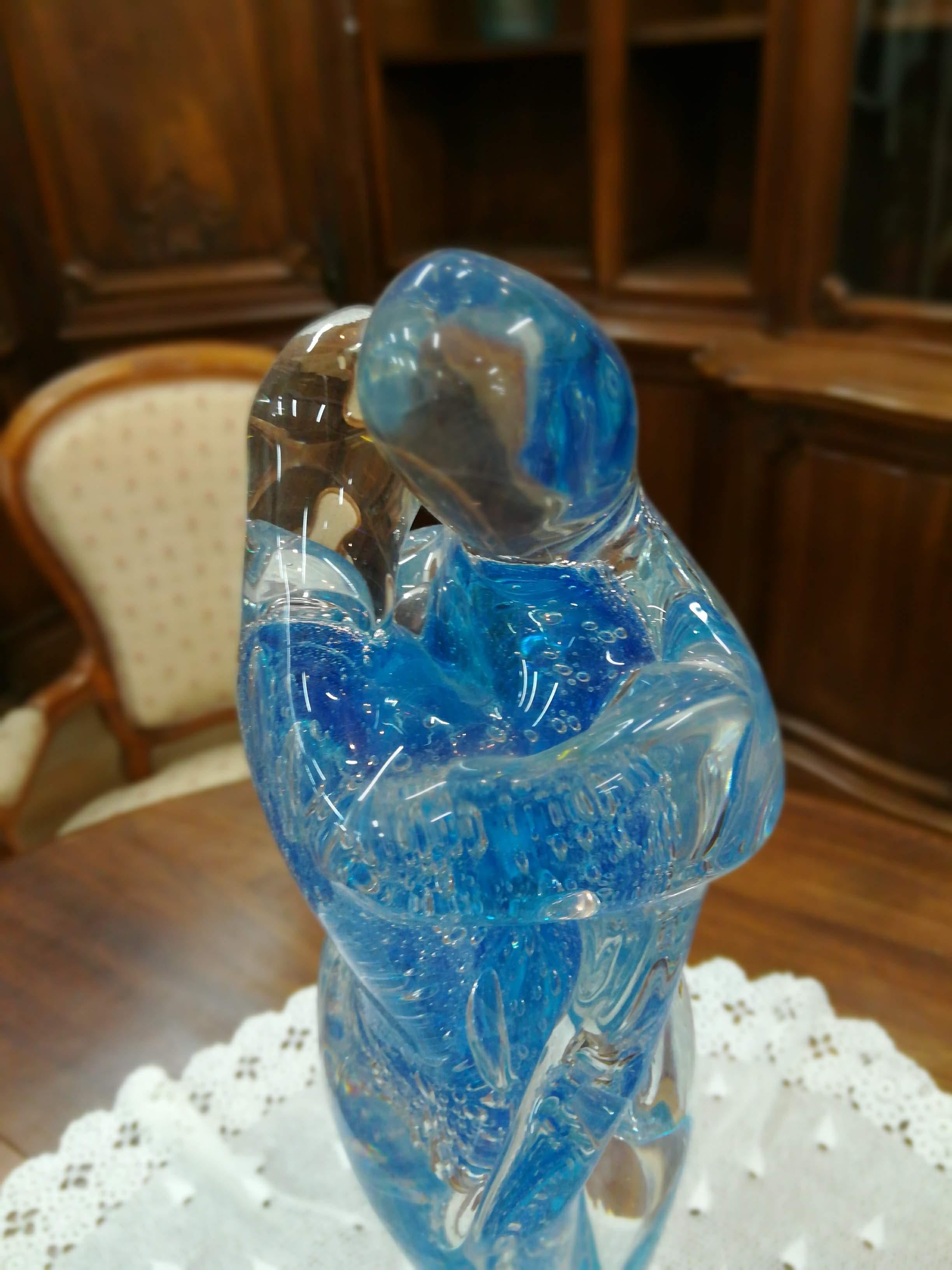 Modern Sergio Costantini Contemporary Blue Blown Murano Glass Lovers Sculpture, 2016 For Sale