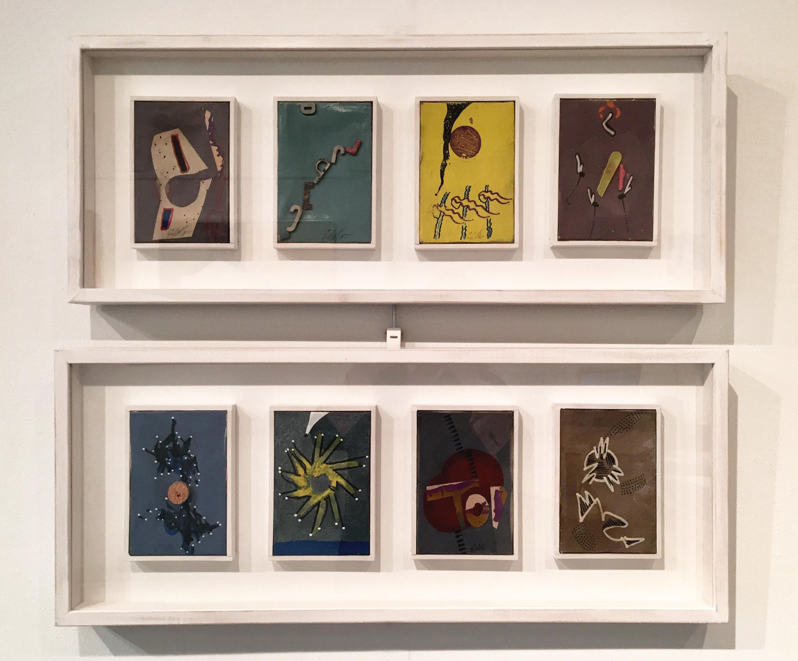 Sergio Dangelo (1932) Composition, 1960's, oil, assemblage and mixed media on canvas; 
8 canvas cm. 15 x 10 x 2 each. These canvas are displays in a pendant composition.

SIZE WITH FRAME: cm. 29 x 70 x 5 (each one)

Certificate of