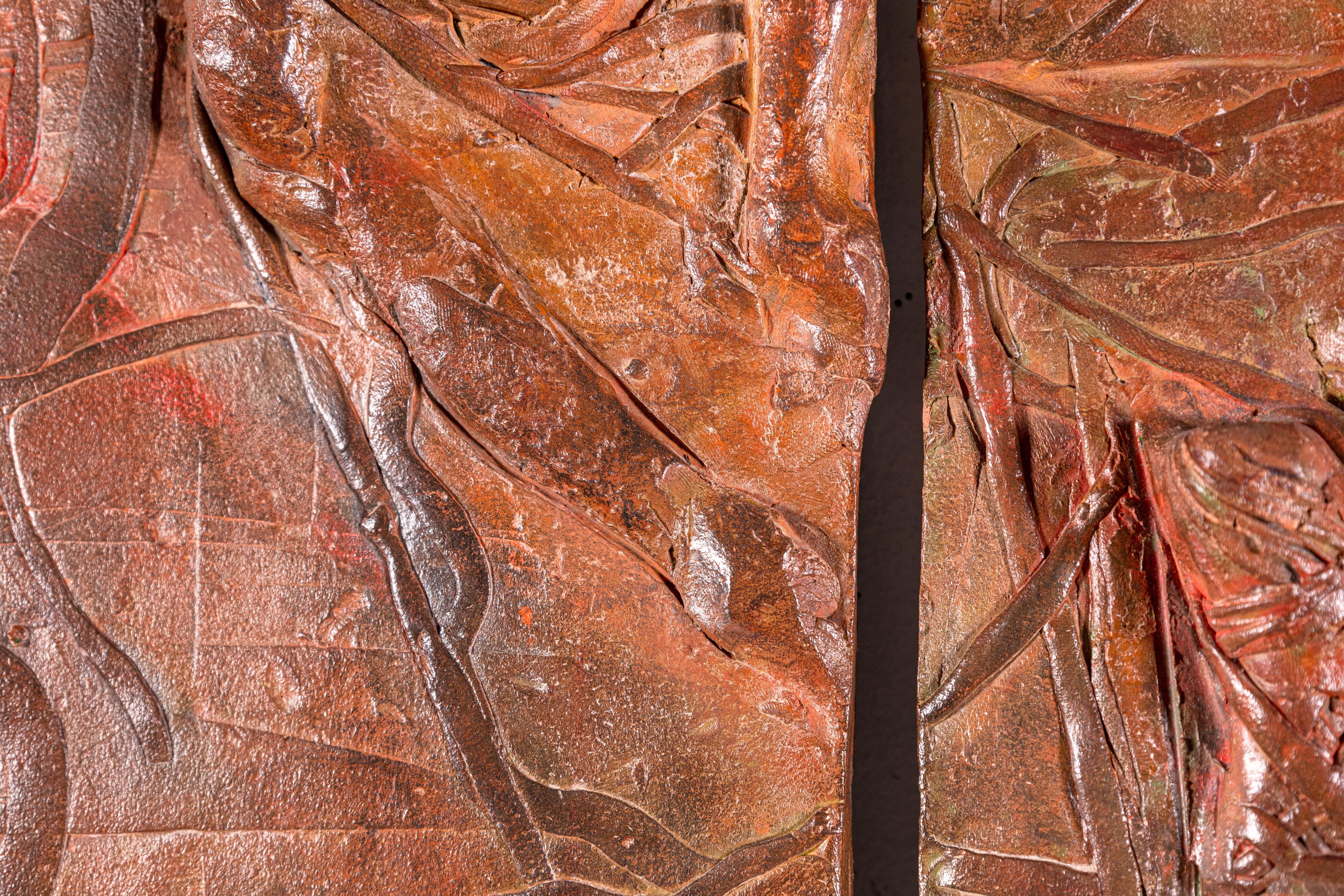 American Sergio de Giusti Signed Modernist Biblical Painted Ceramic Diptych Sculpture For Sale