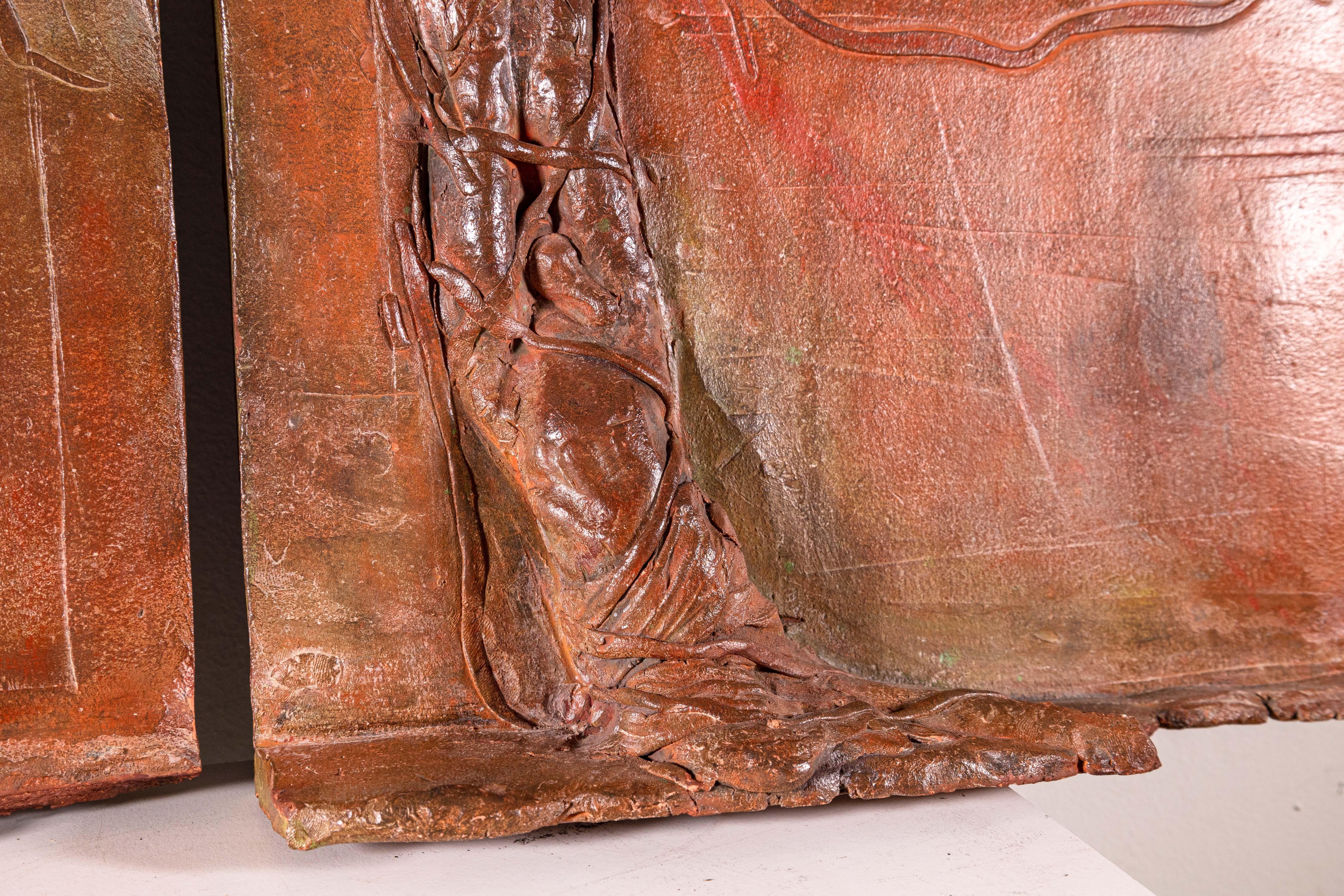 20th Century Sergio de Giusti Signed Modernist Biblical Painted Ceramic Diptych Sculpture For Sale