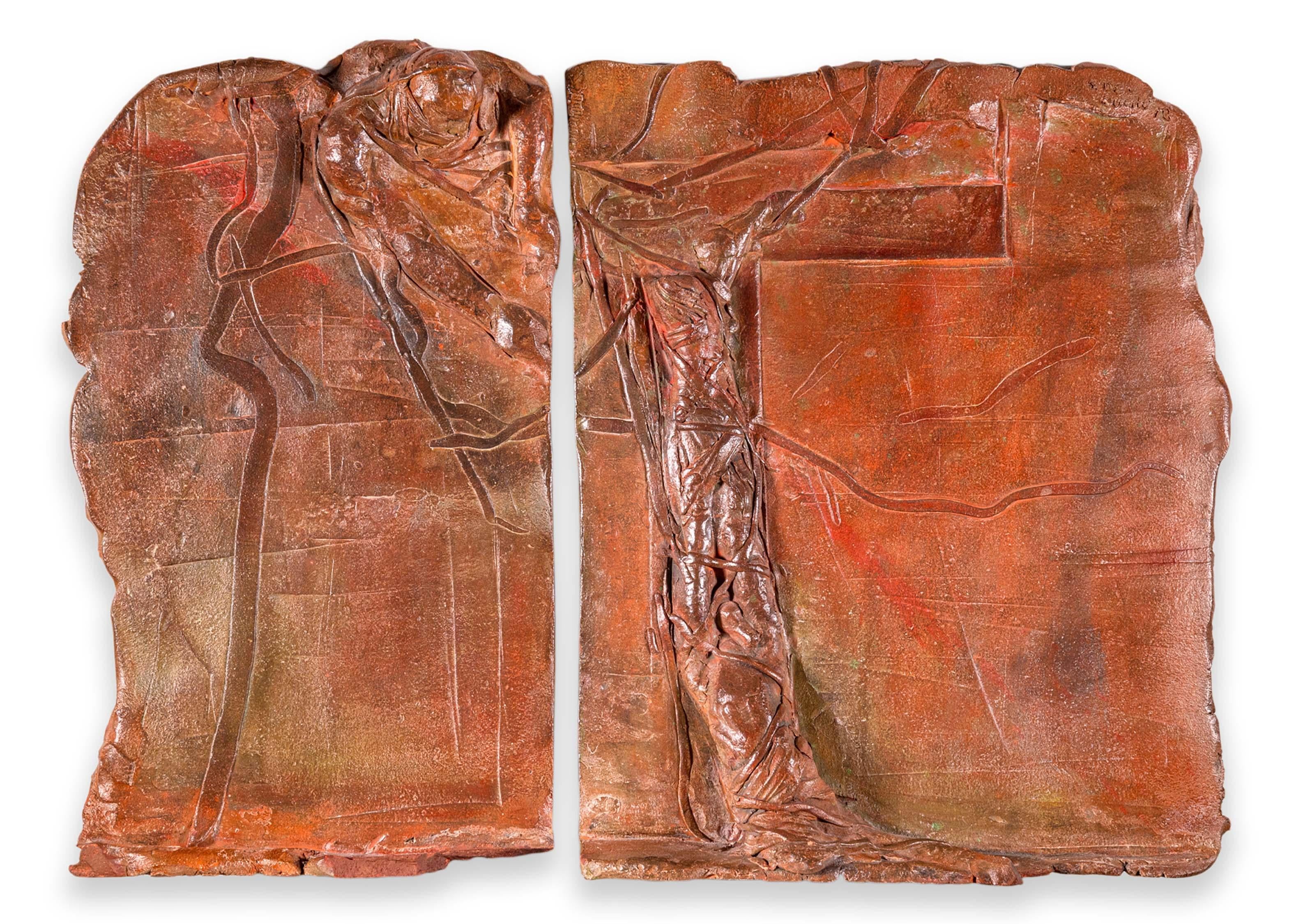 Sergio de Giusti Signed Modernist Biblical Painted Ceramic Diptych Sculpture For Sale 4