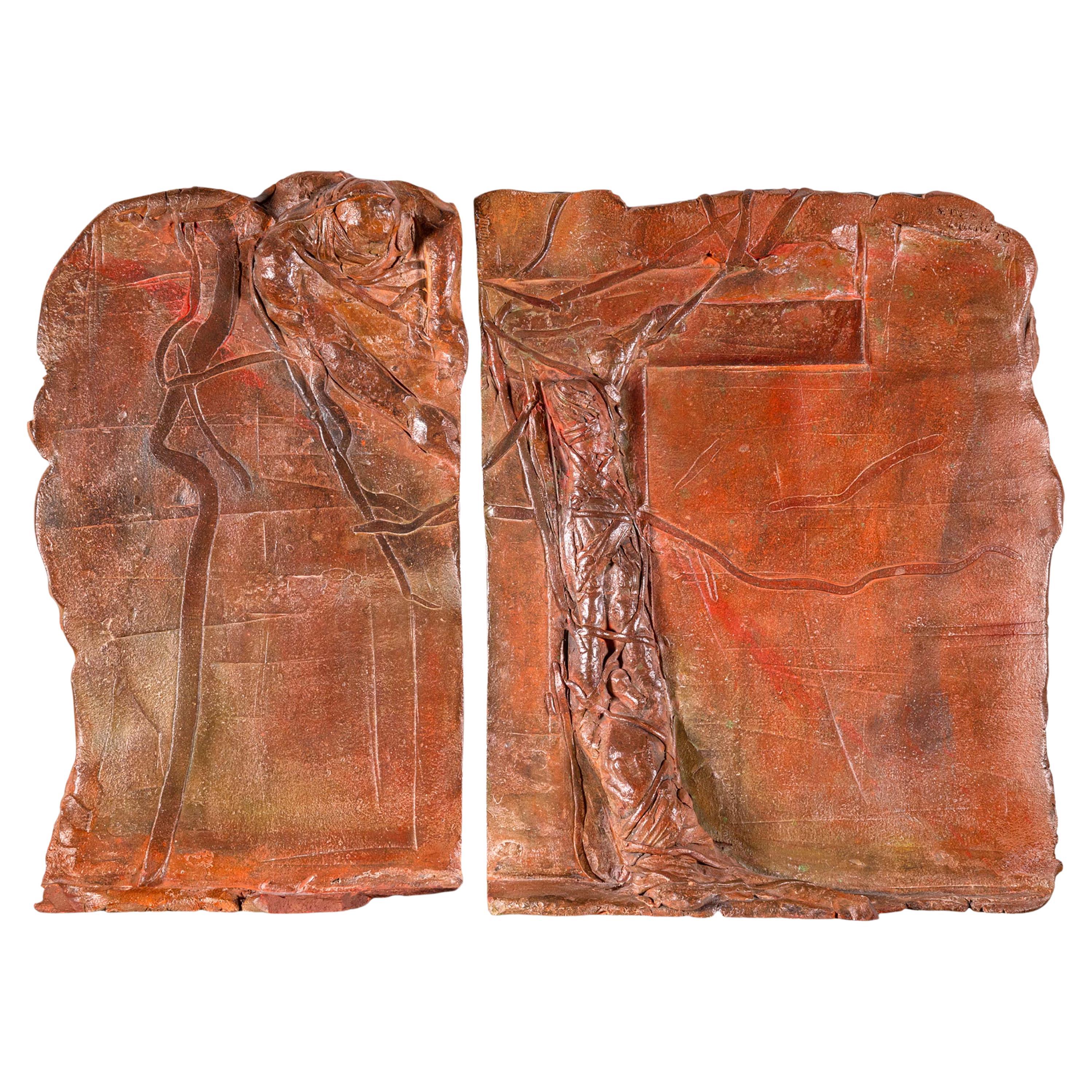 Sculpture diptyque moderniste en céramique peinte biblique signée Sergio de Giusti