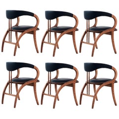 Contemporary Chair, Walnut Color/Black Faux Leather- Set of 6