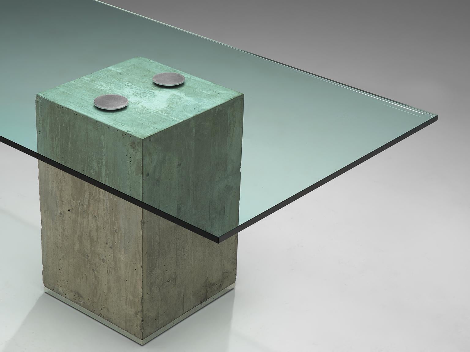 Sergio & Giorgio Saporiti for Saporiti, dining table, glass, concrete and chromed steel, Italy, 1972.

Modern, sculptural dining table designed by Sergio and Giorgio Saporiti. This table called model Sapo is made of a solid concrete base with a