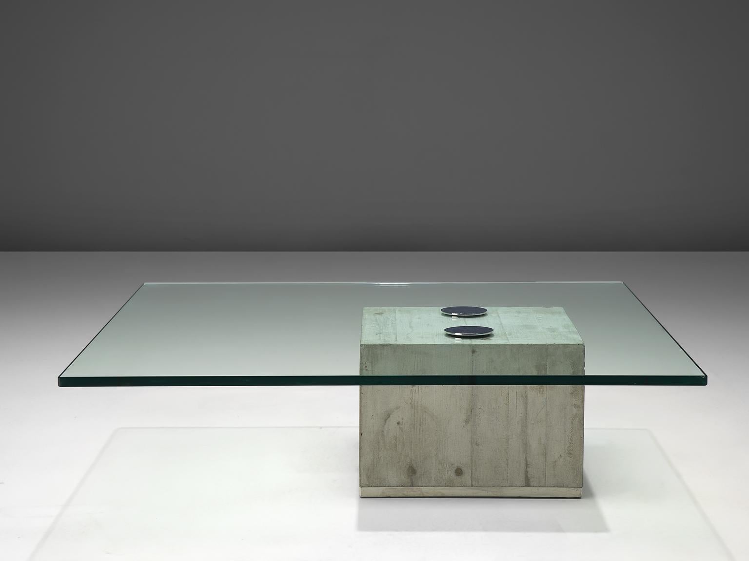 Sergio & Giorgio Saporiti for Saporiti, coffee table, glass, concrete and chromed steel, Italy, 1972.

Modern, sculptural coffee table designed by Sergio and Giorgio Saporiti. This table called model Sapo is made of a solid concrete base with a