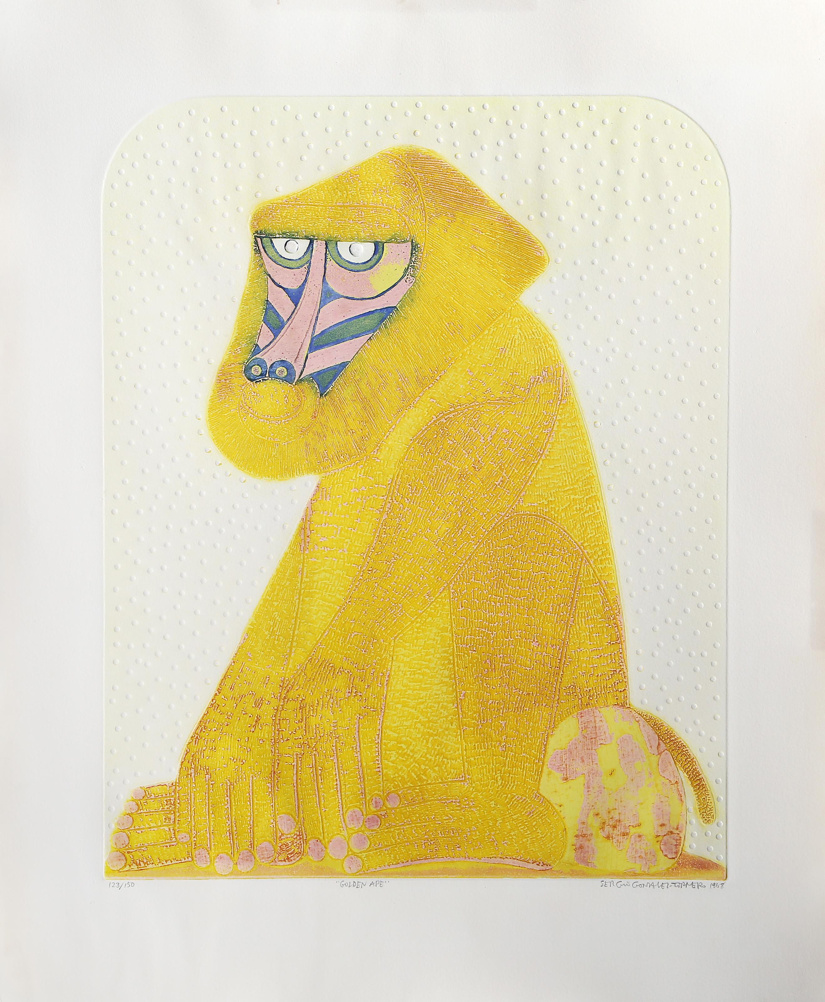 Goldene Ape, moderne Radierung mit Aquatinta und Intaglio von Sergio Gonzales-Tornero 2