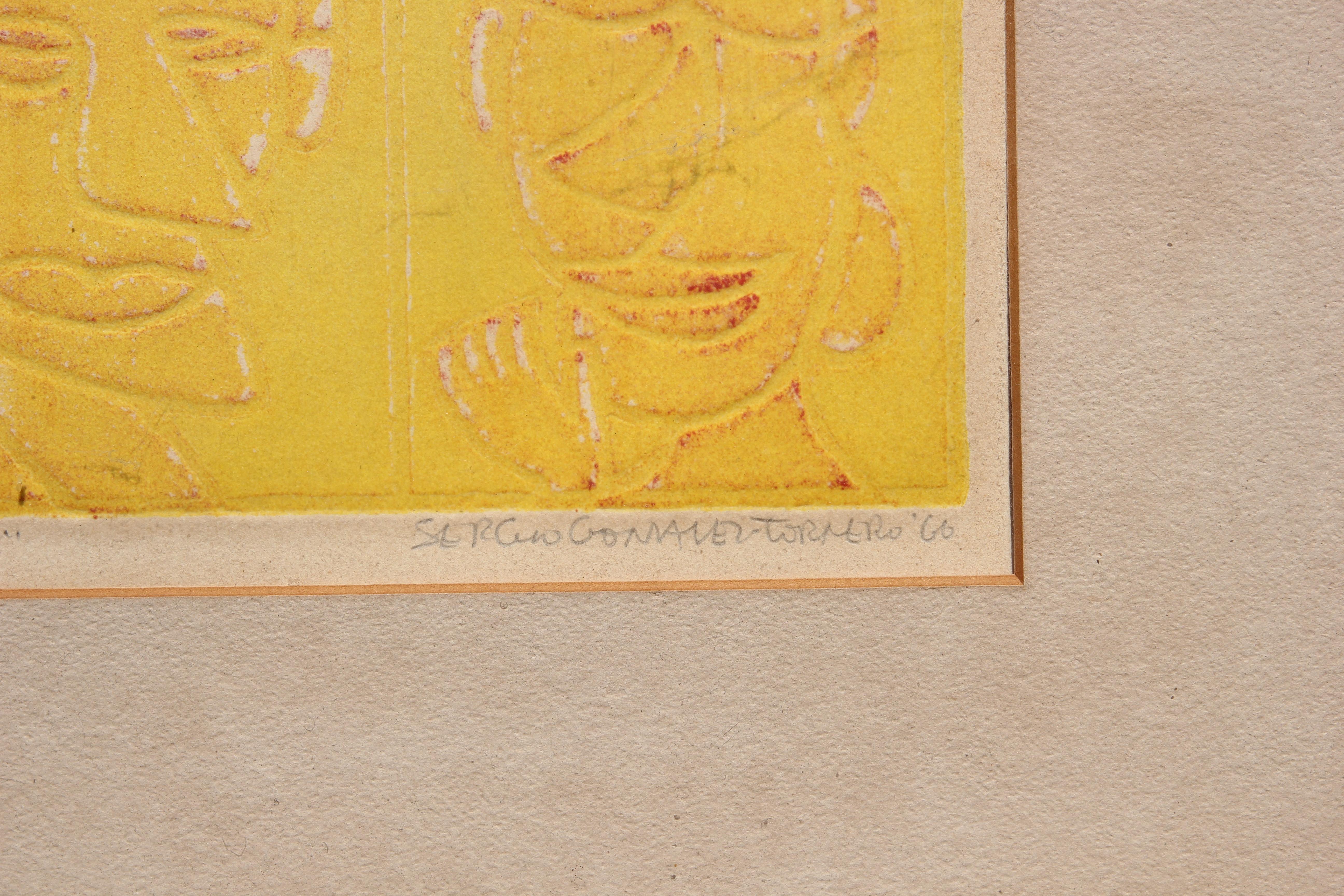 “Some People” Ed. 33/100 Yellow Toned Abstract Figurative Faces Intaglio Print 7