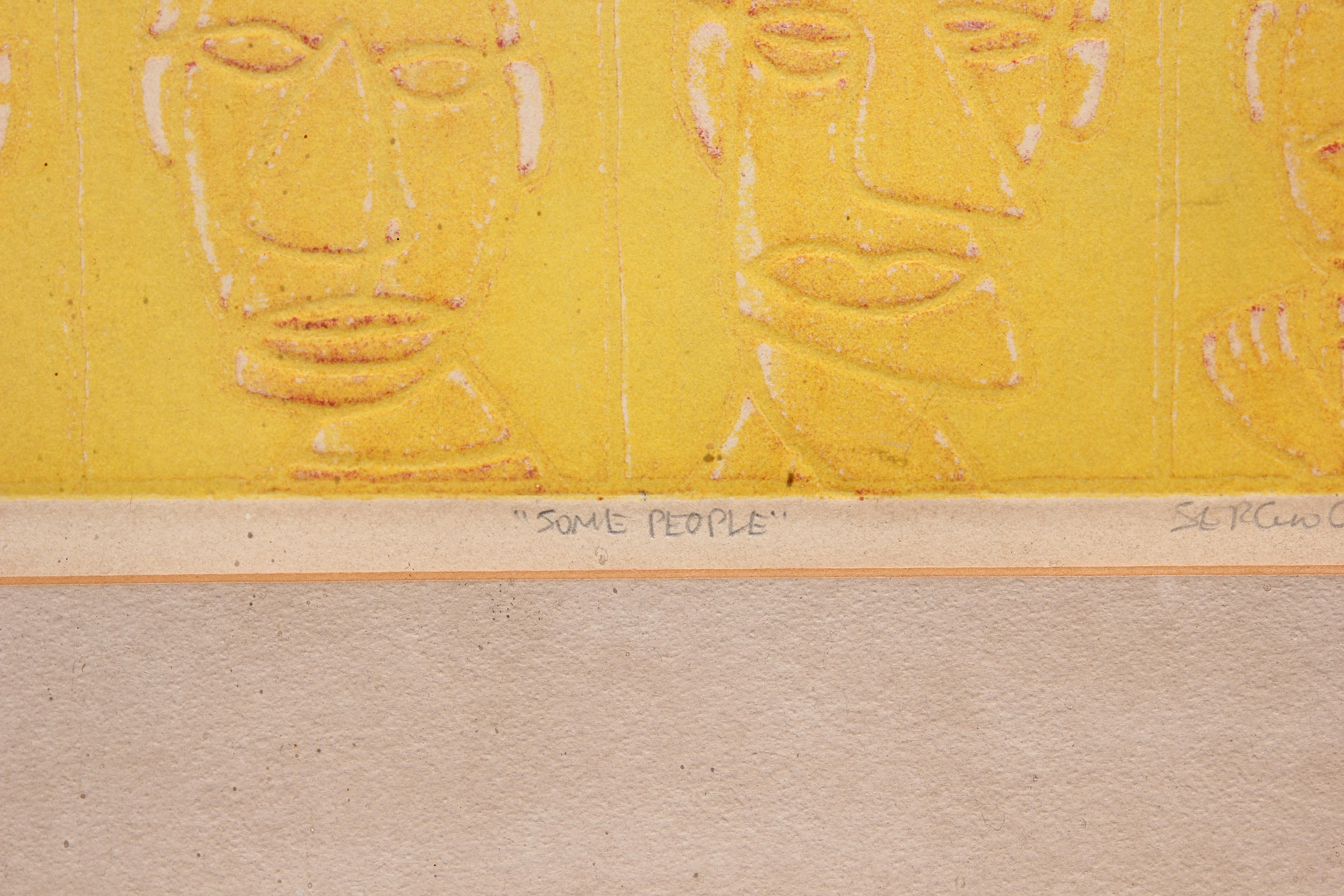 “Some People” Ed. 33/100 Yellow Toned Abstract Figurative Faces Intaglio Print 8