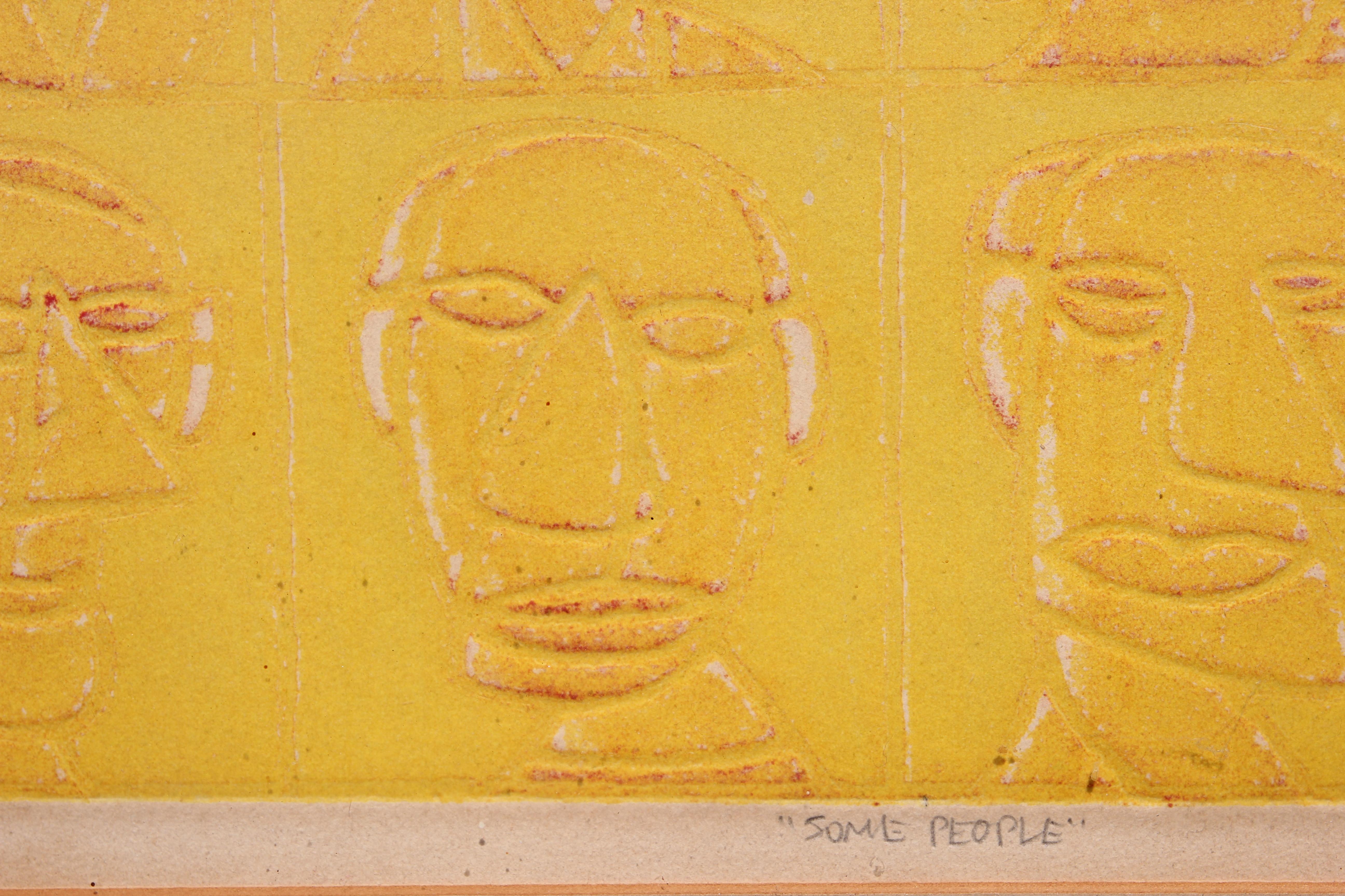 “Some People” Ed. 33/100 Yellow Toned Abstract Figurative Faces Intaglio Print 2