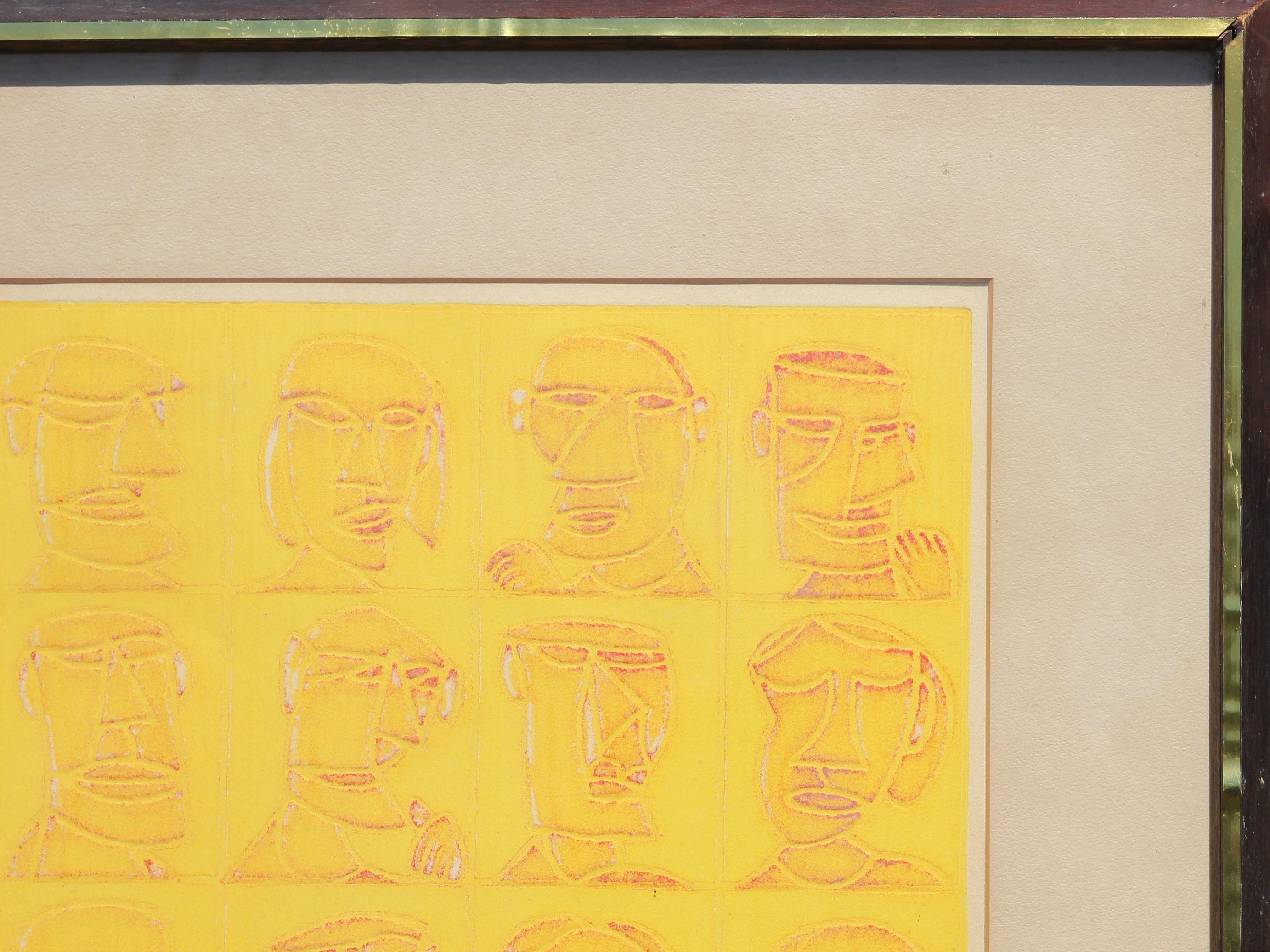 “Some People” Ed. 33/100 Yellow Toned Abstract Figurative Faces Intaglio Print 4