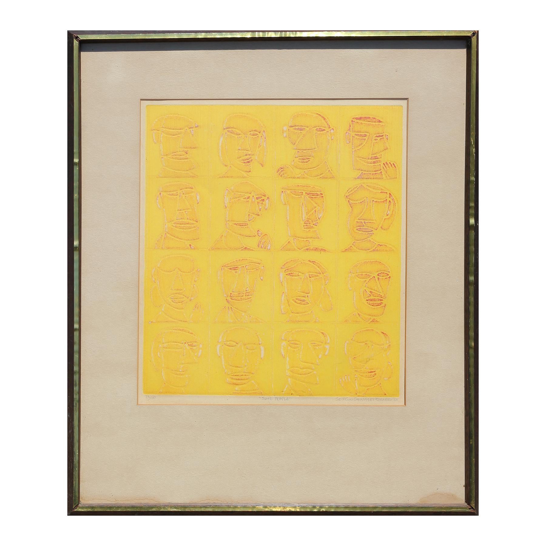 Sergio Gonzales-Tornero Figurative Print - “Some People” Ed. 33/100 Yellow Toned Abstract Figurative Faces Intaglio Print