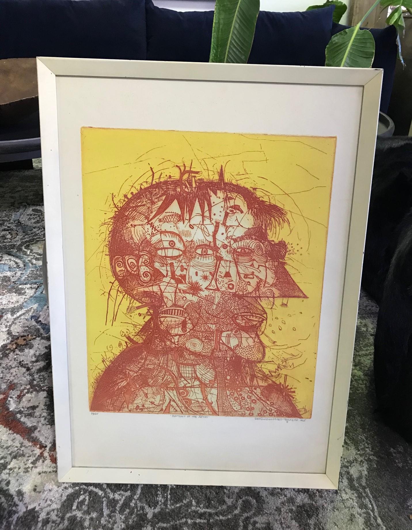 A wonderful work by Chilean painter/artist Sergio Gonzalez-Tornero. 

This color etching with aquatint is pencil signed, titled (Portrait of the Artist), dated (1965), and numbered (36/100) by the artist. 

Gonzalez-Tornero's work can be found