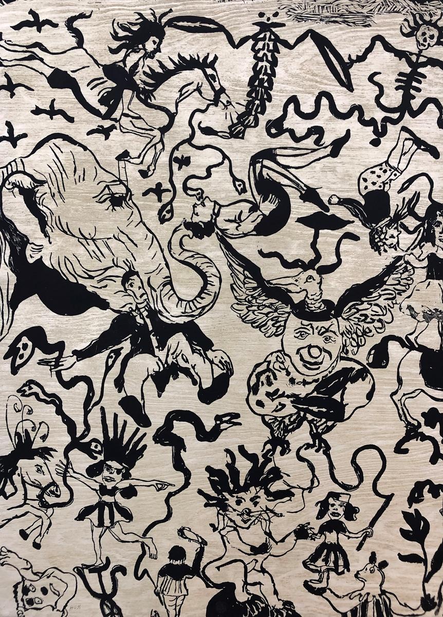 Sergio Hernandez, Circus, 2010. Large woodcut 49x78 in limited edition (video) - Print by Sergio Hernández