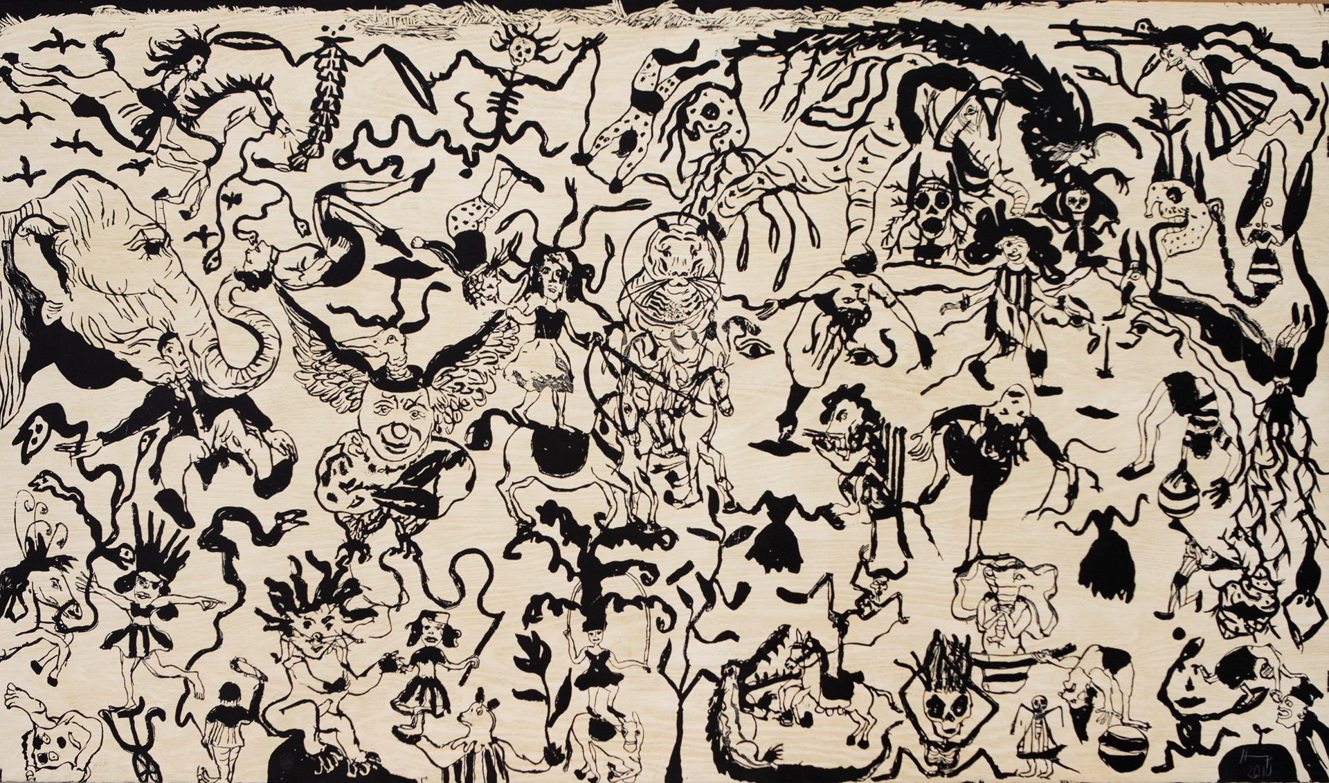Sergio Hernández Figurative Print - Sergio Hernandez, Circus, 2010. Large woodcut 49x78 in limited edition (video)