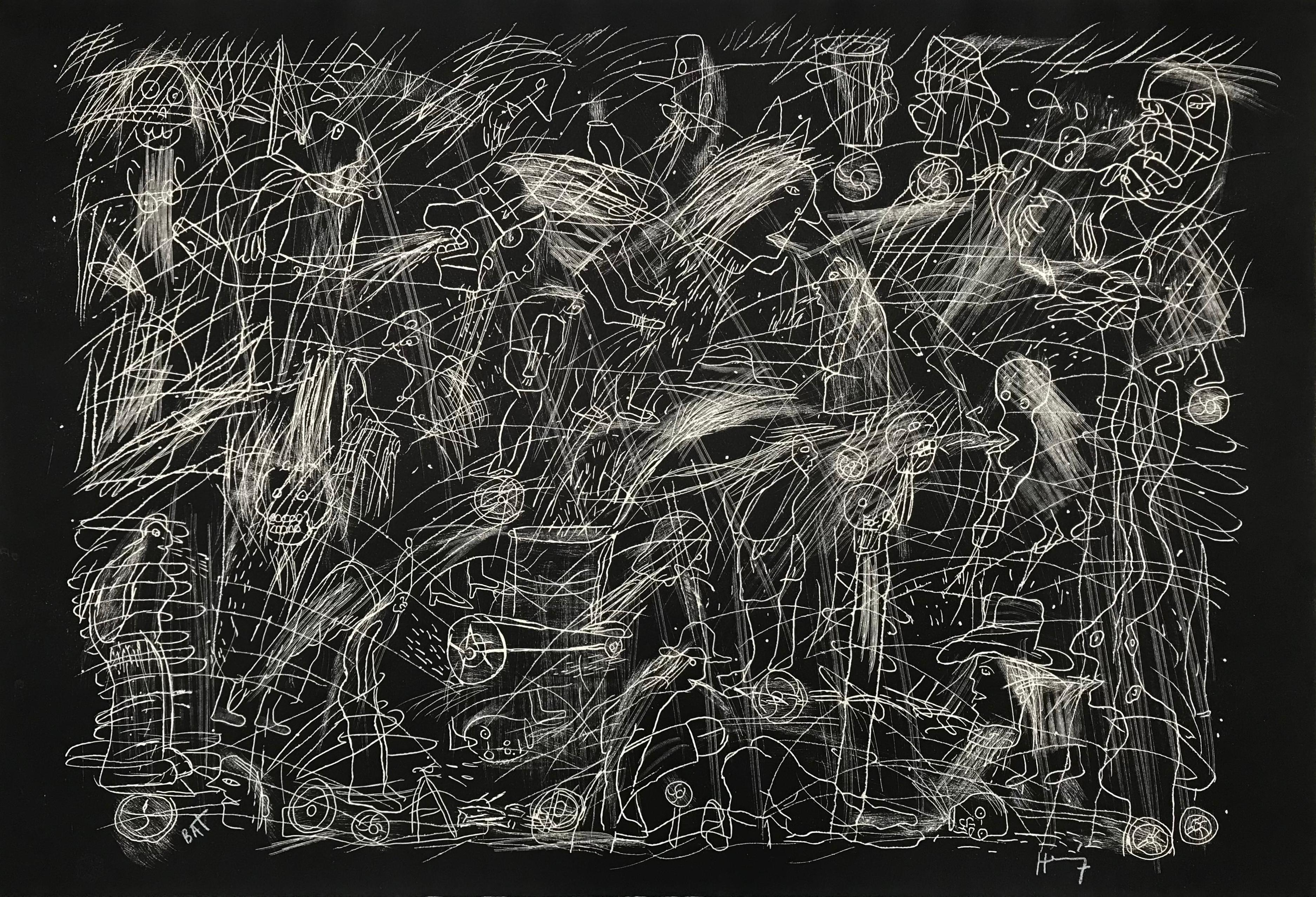 Figurative Print di Sergio Hernández - Xilografia originale firmata 2011 senza titolo 29x4in incisione figurativa d'azione