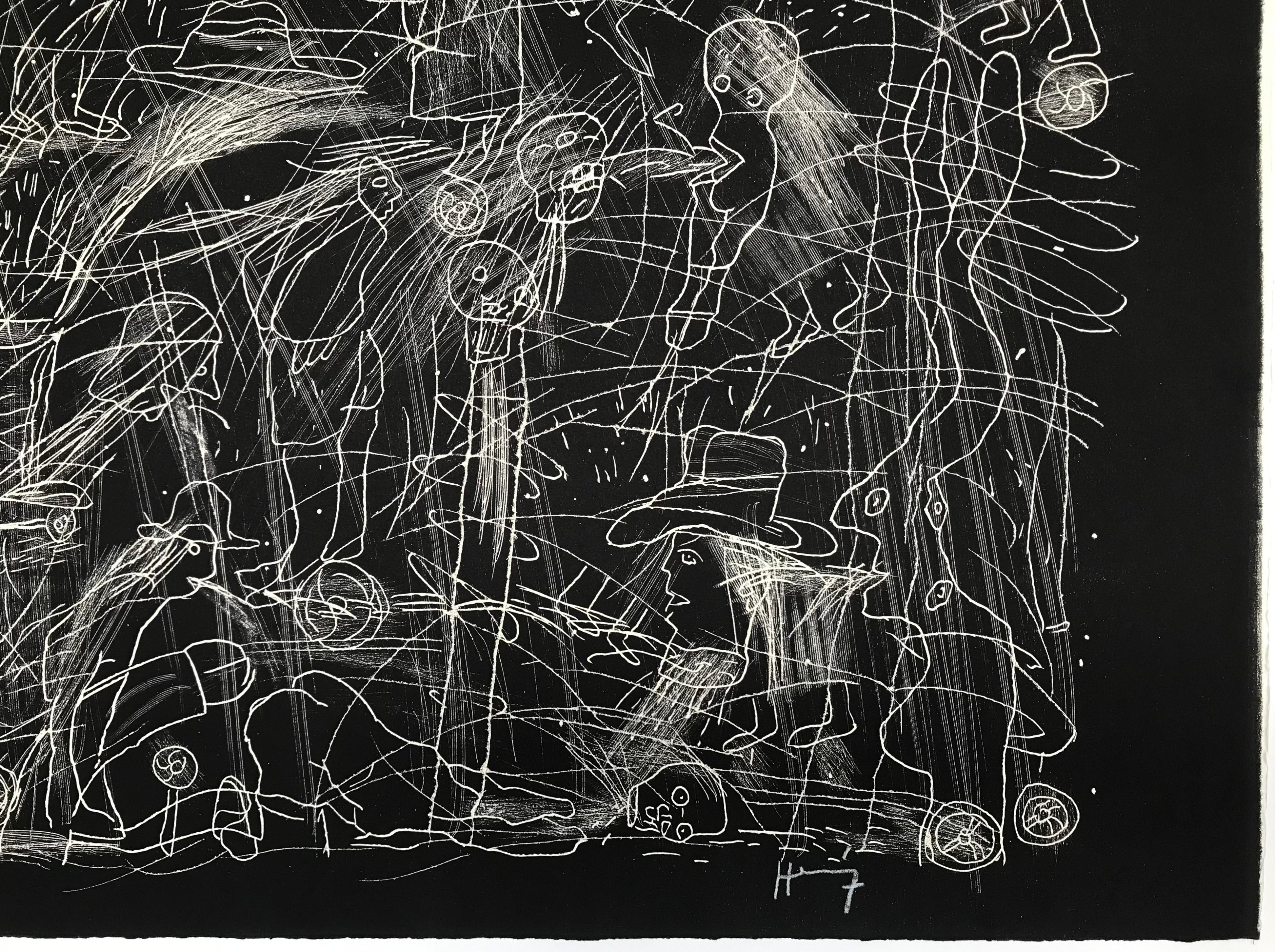 Xilografia originale firmata 2011 senza titolo 29x4in incisione figurativa d'azione - Print di Sergio Hernández