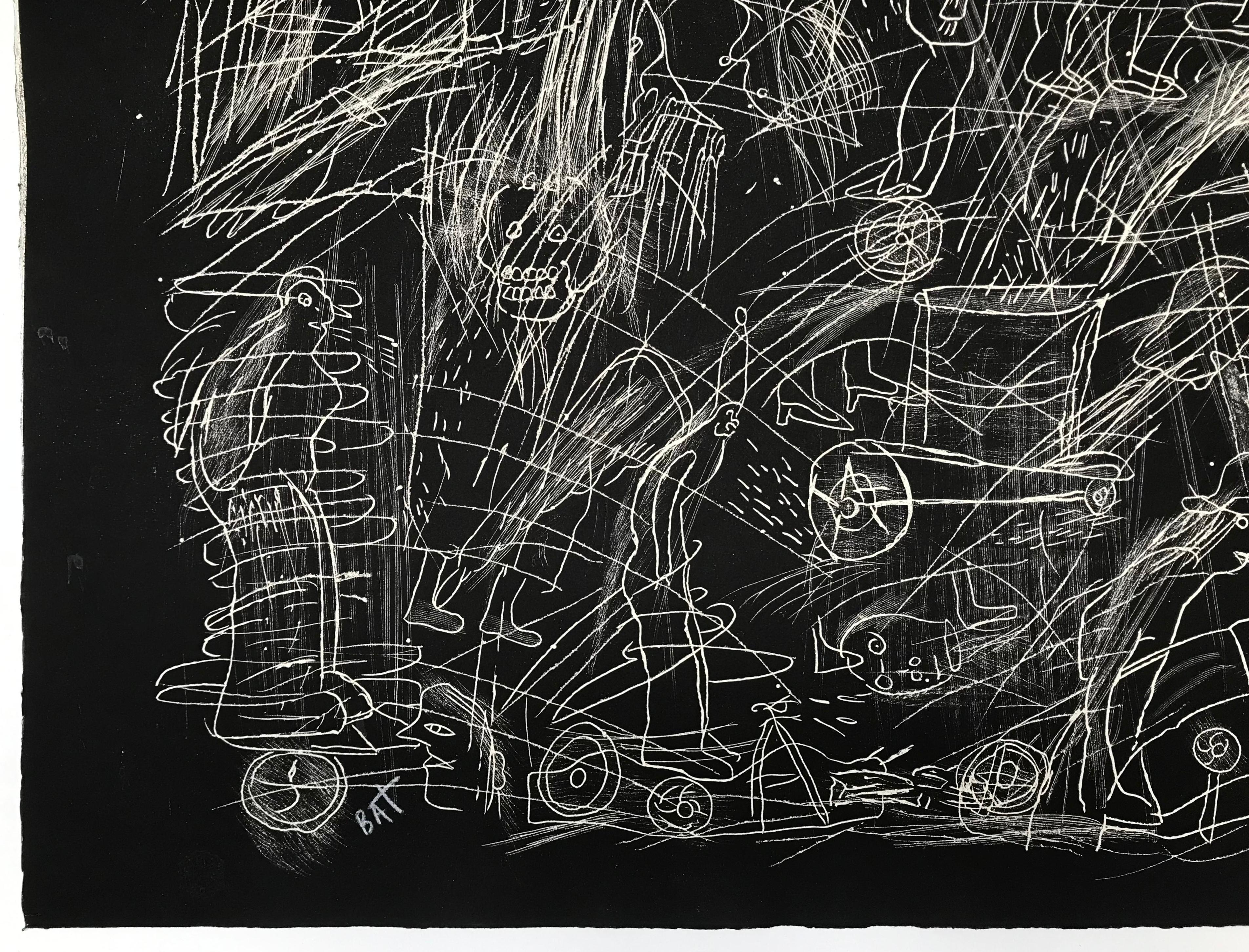 Xilografia originale firmata 2011 senza titolo 29x4in incisione figurativa d'azione - Print Contemporaneo di Sergio Hernández