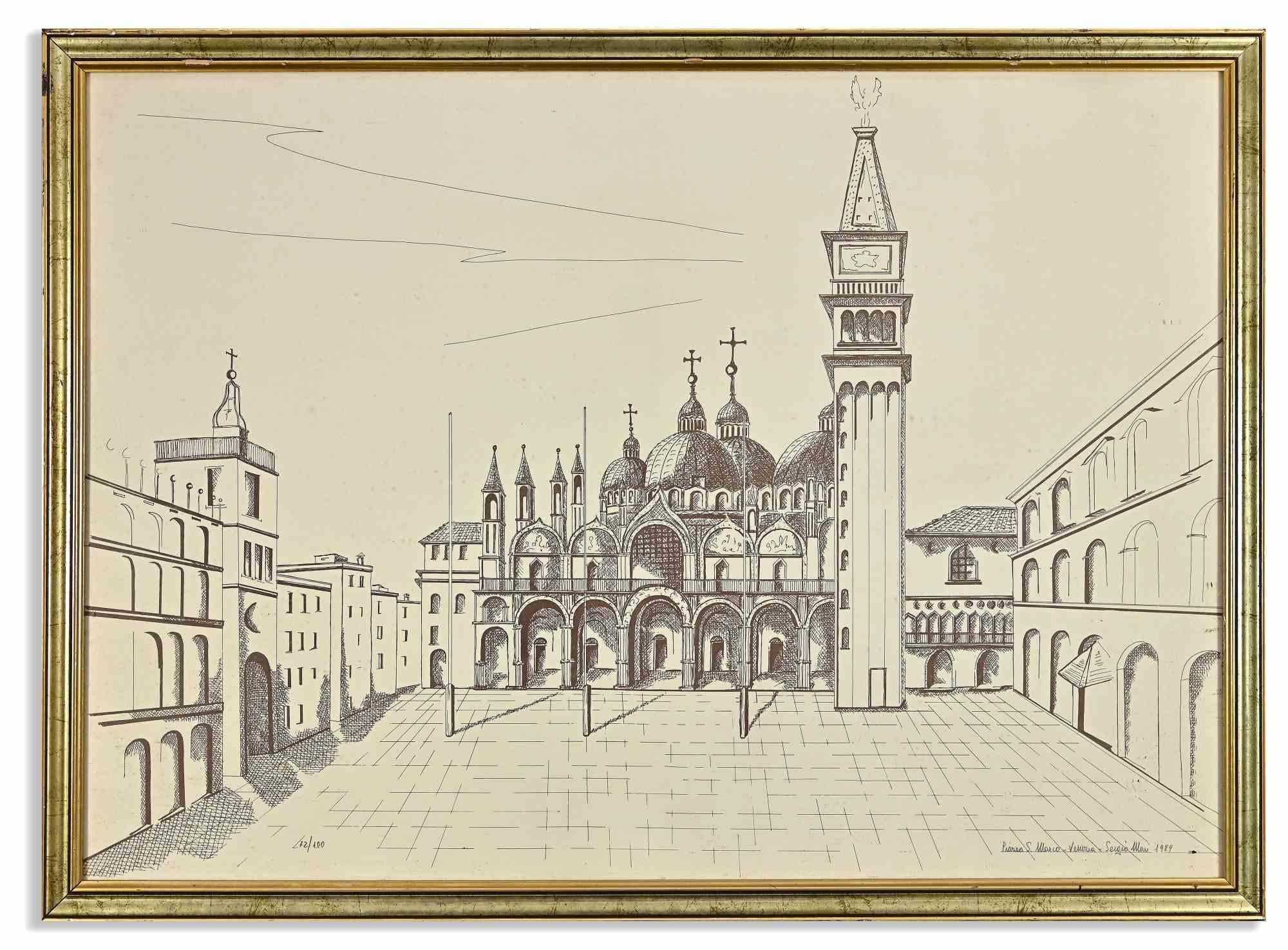 St Mark's Square, Venice is a modern artwork realized by Sergio Mari in 1989.

Lithograph on paper.

Hand signed, titled and datet on the lower right margin.

Numbered on the lower left margin.

Edition of 72/100

Includes frame: 54.5 x 2 x  74.5