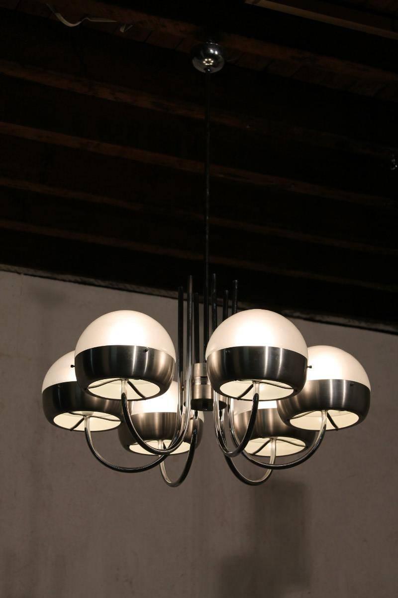 Mid-Century Modern Sergio Mazza Chandelier Metal and Glass, Italy, 1960s For Sale