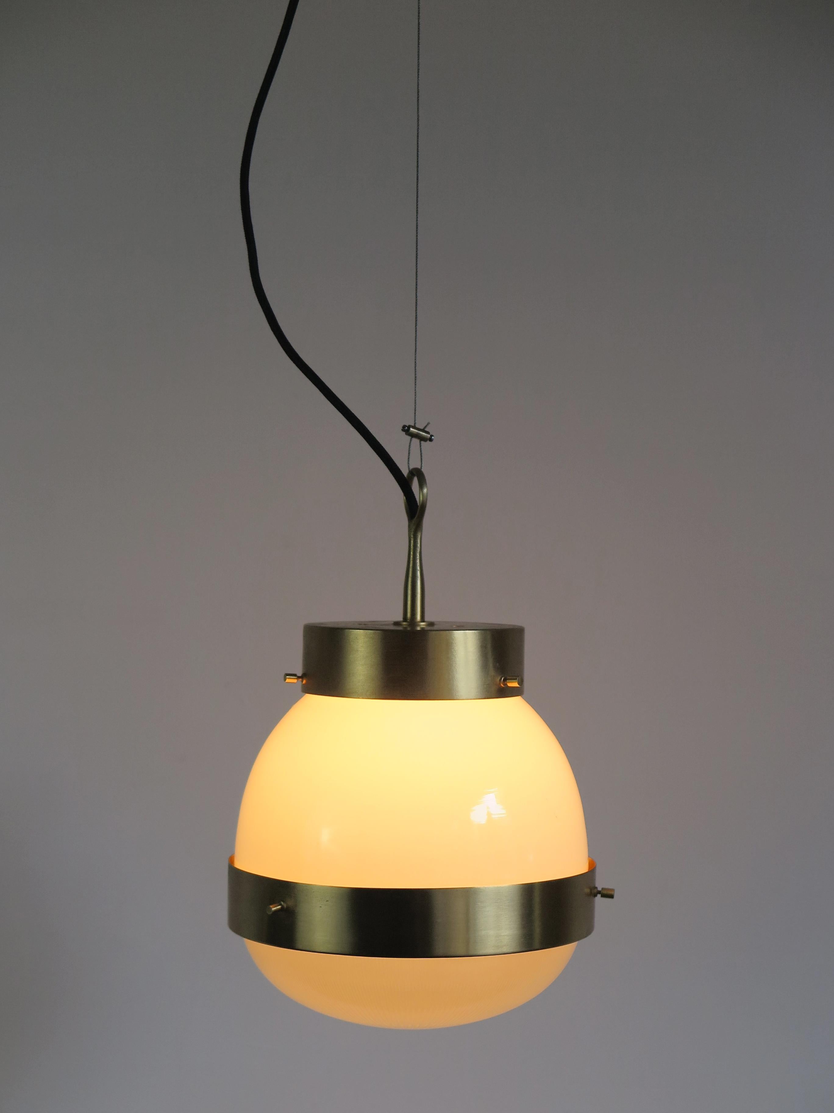 Mid-Century Modern Sergio Mazza for Artemide Italian Brass Glass Pendant Lamp Model Delta, 1960s