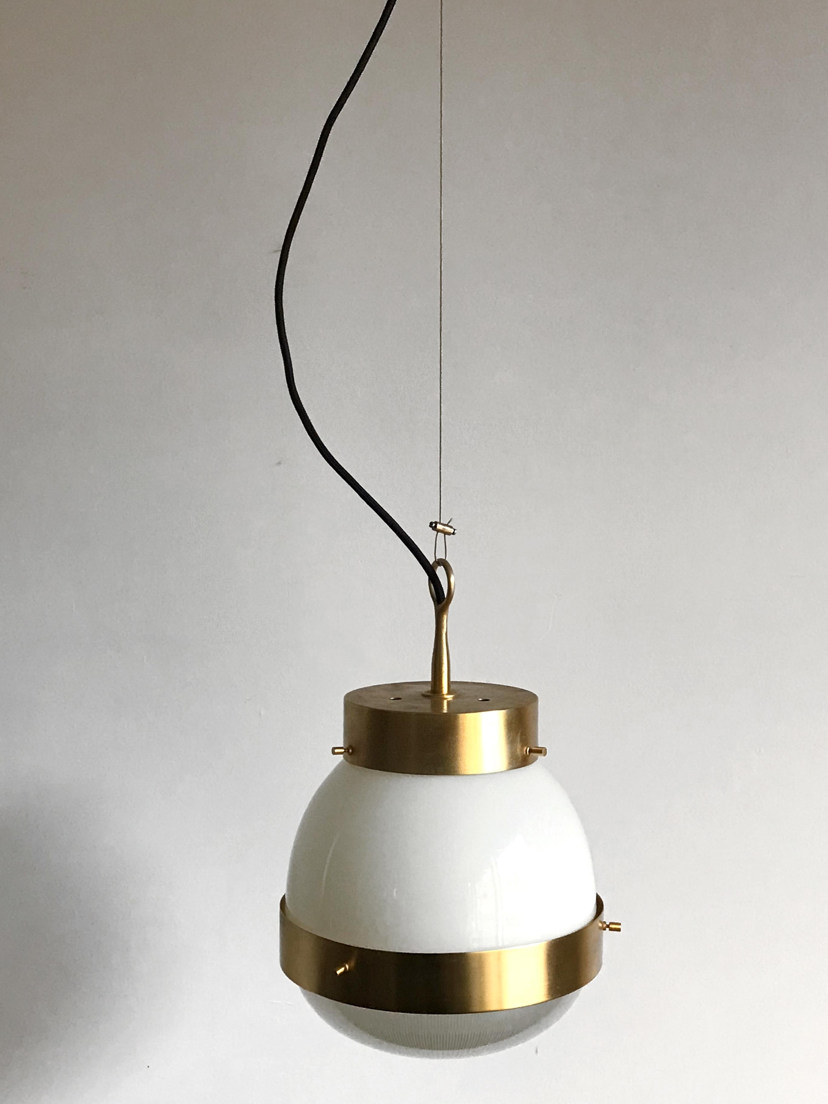 Mid-20th Century Sergio Mazza for Artemide Italian Brass Glass Pendant Lamp Model Delta, 1960s