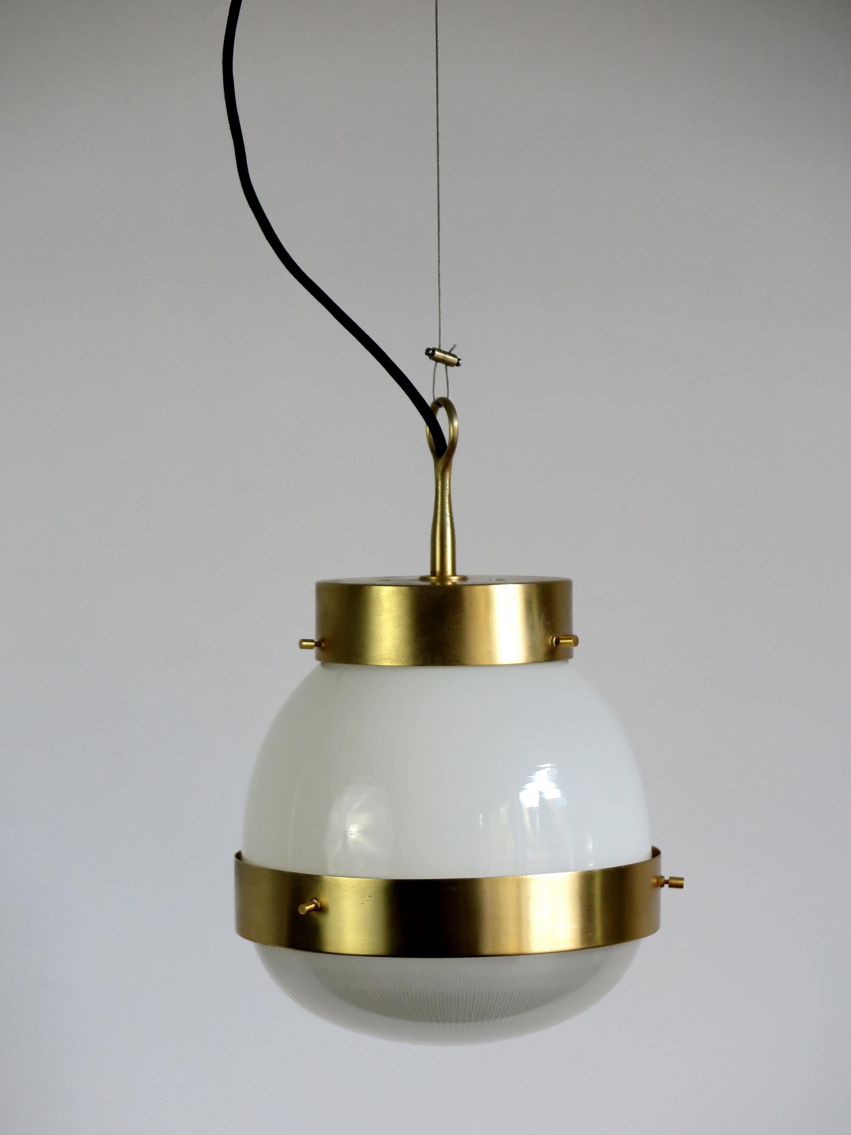 Metal Sergio Mazza for Artemide Italian Brass Glass Pendant Lamp Model Delta, 1960s