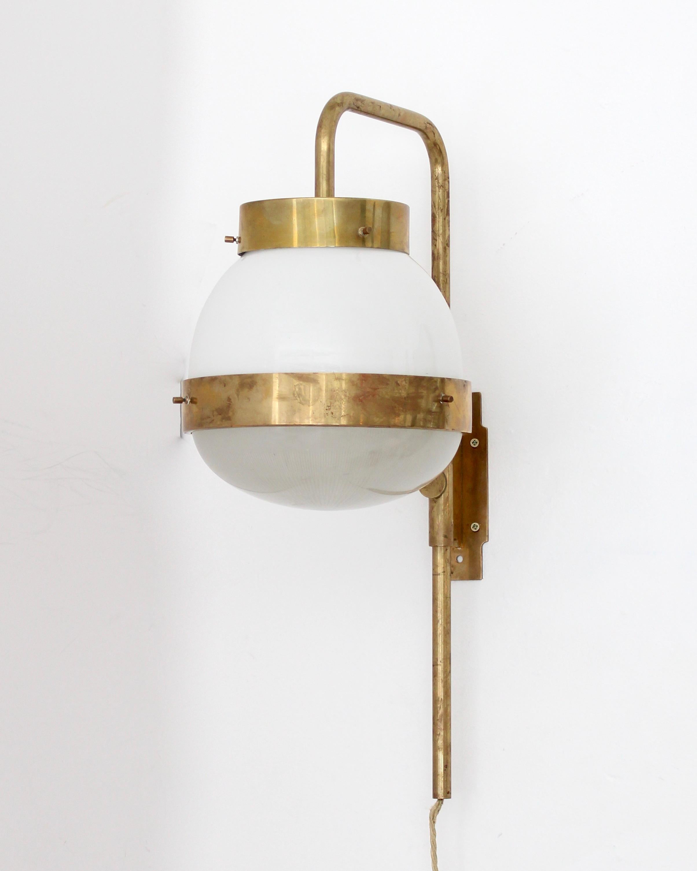 Mid-Century Modern Sergio Mazza Italian Glass and Brass Vintage Delta Sconce by Artemide