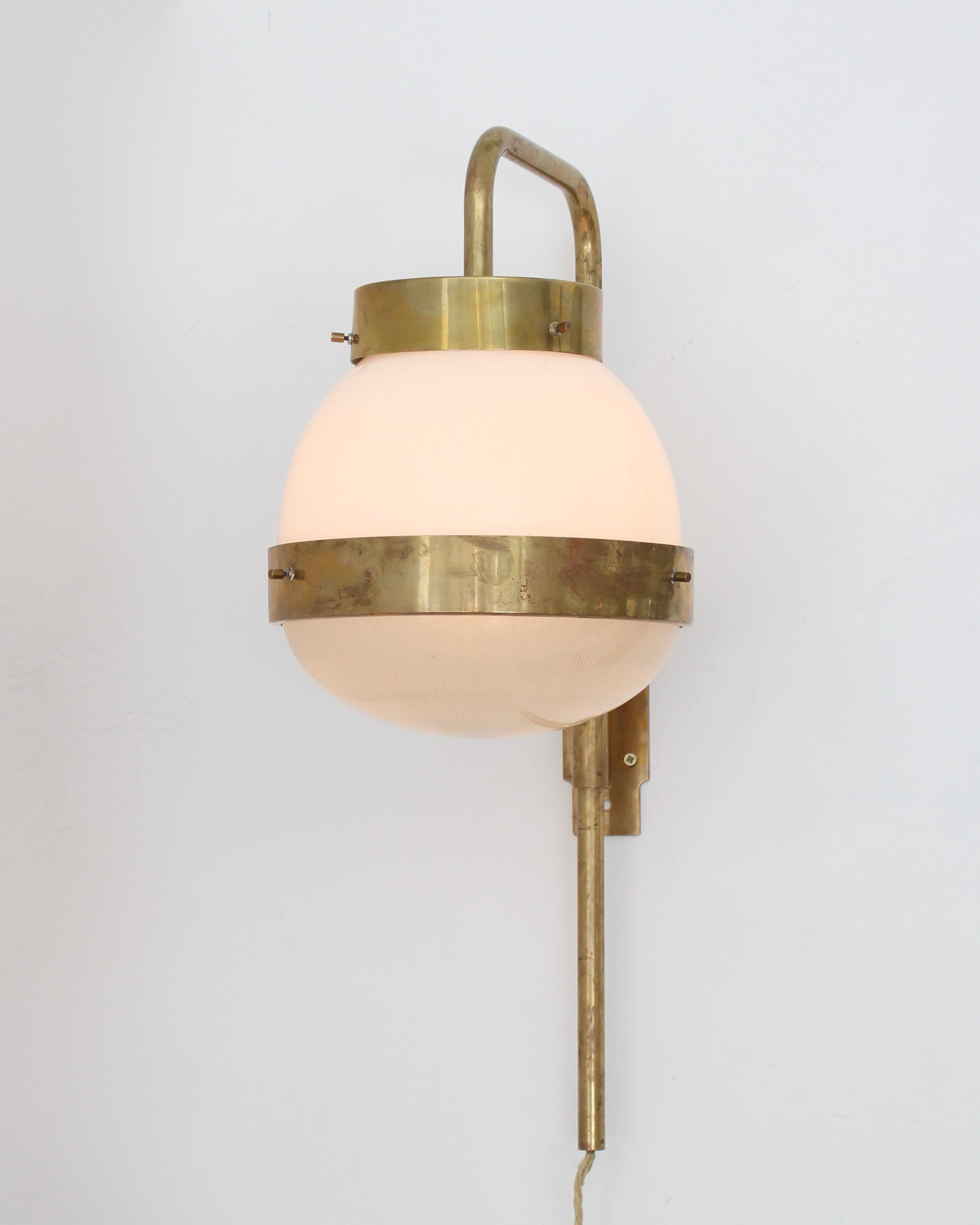 Brushed Sergio Mazza Italian Glass and Brass Vintage Delta Sconce by Artemide