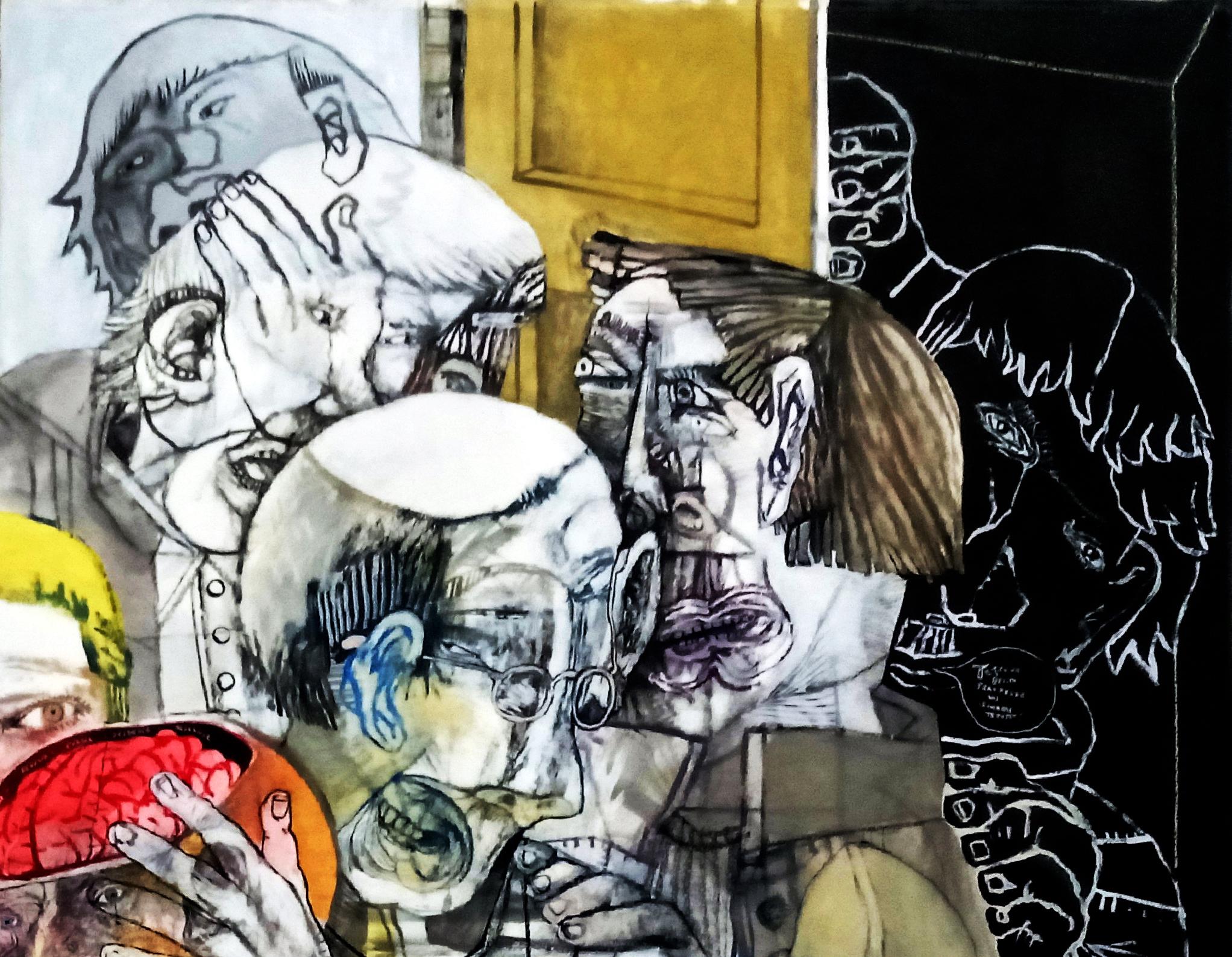 Afterthoughts Sergio Moscona Art contemporain peinture couleur comédie humaine  en vente 1