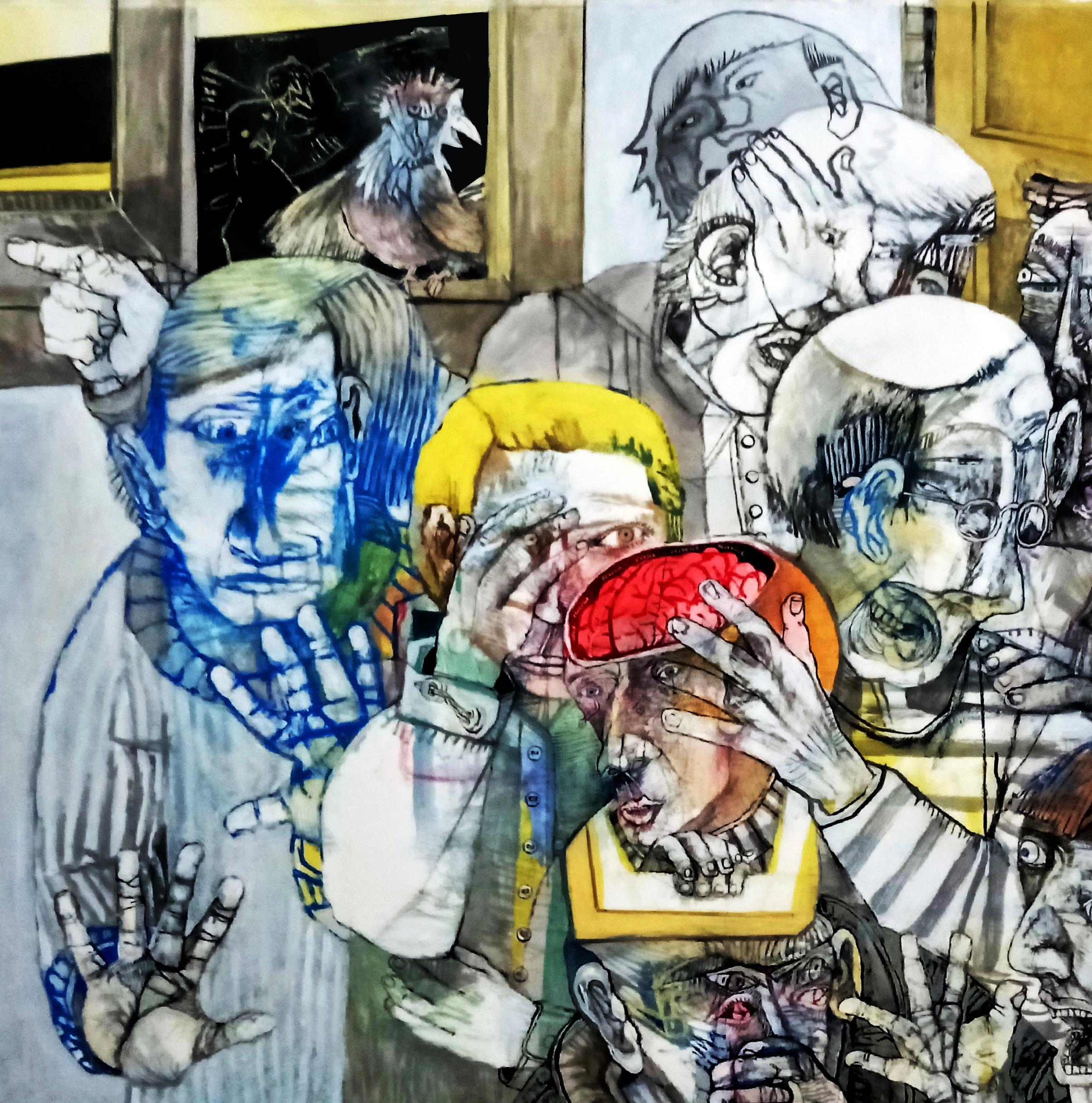 Afterthoughts Sergio Moscona Art contemporain peinture couleur comédie humaine  en vente 2