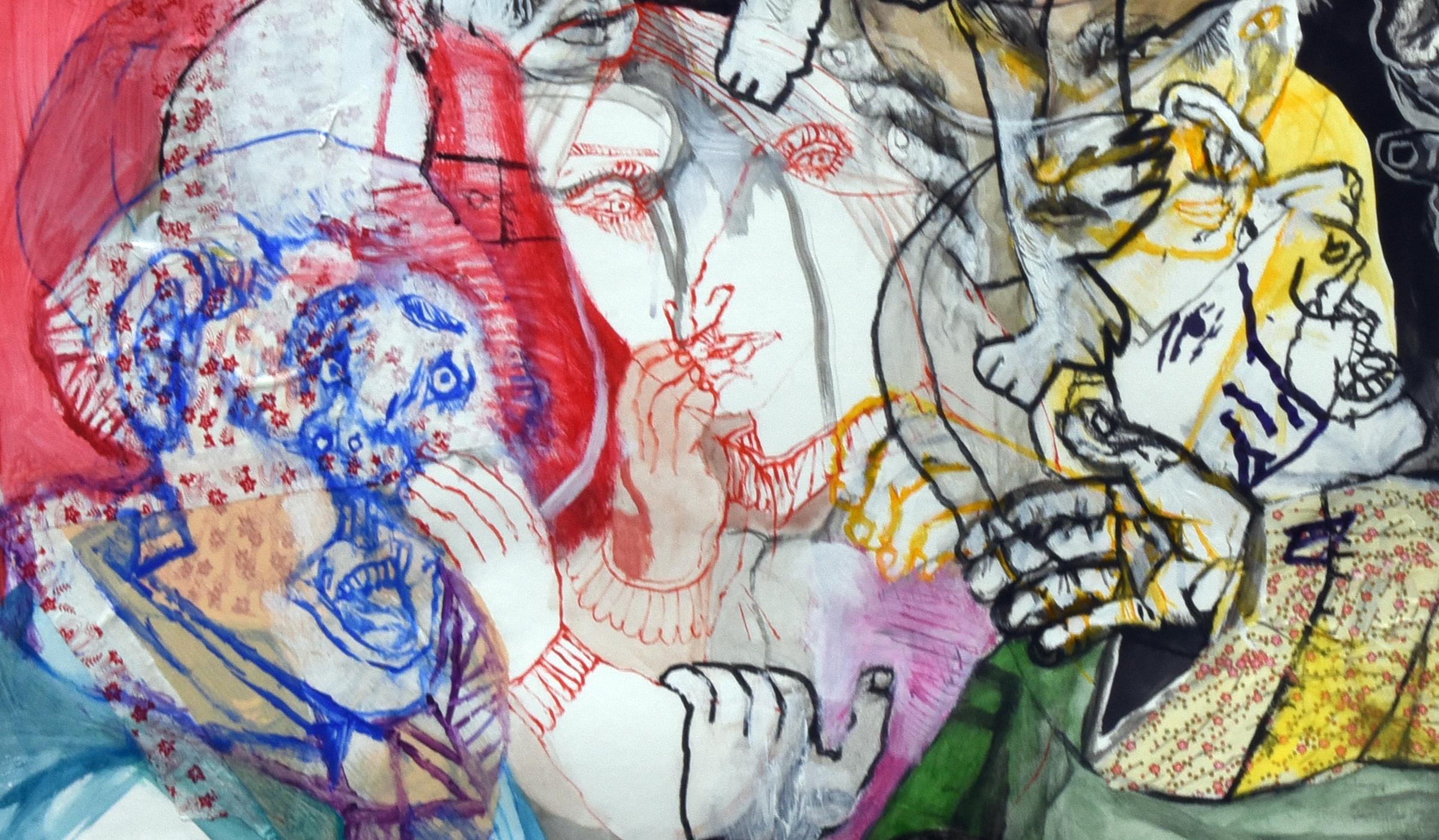 Ecke von Licht Sergio Moscona Zeitgenössische Malerei Kunst menschliche Komödie rote Farbe im Angebot 1