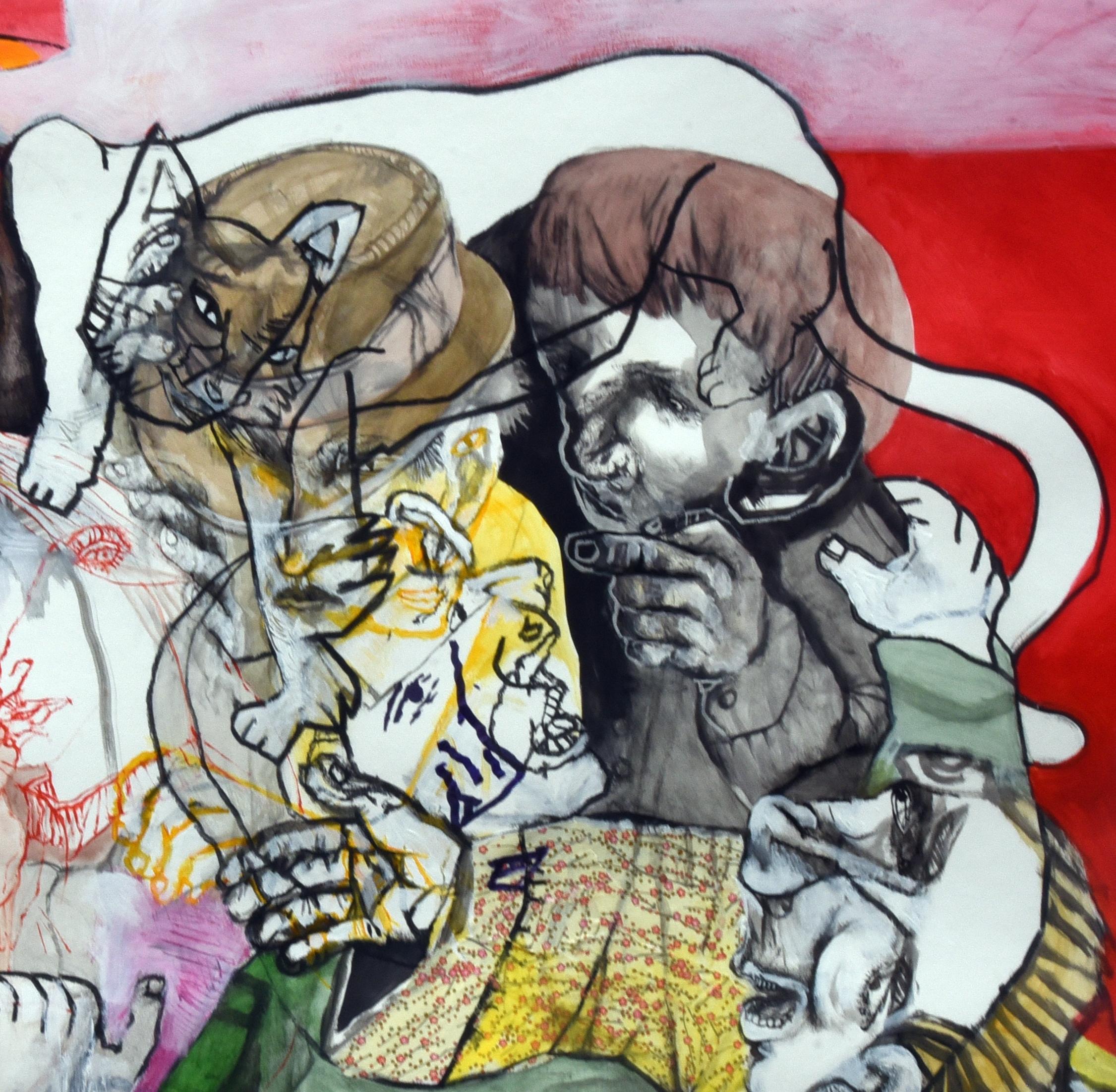 Ecke von Licht Sergio Moscona Zeitgenössische Malerei Kunst menschliche Komödie rote Farbe im Angebot 2