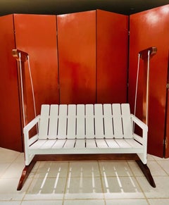 Sergio Rodrigues brazilian white and wood 1950 rocking bench.