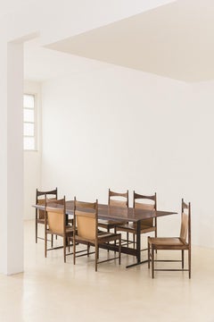 Sillas de comedor Sergio Rodrigues, Chapas de palisandro, Cuero, Brasil, Años 50