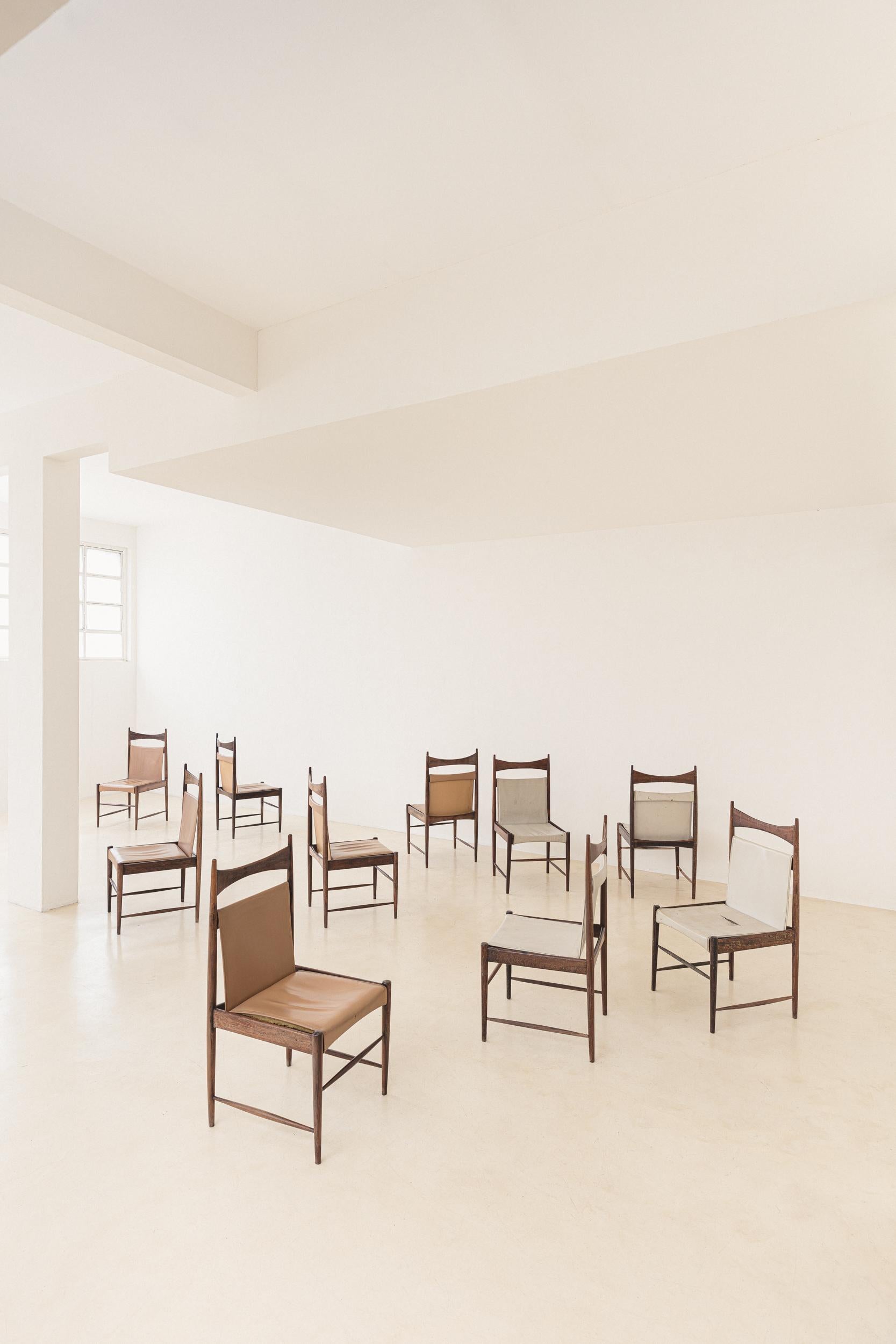 Mid-Century Modern Sergio Rodrigues Dining Chairs, Rosewood veneers, Leather, Brazil, 1950s For Sale