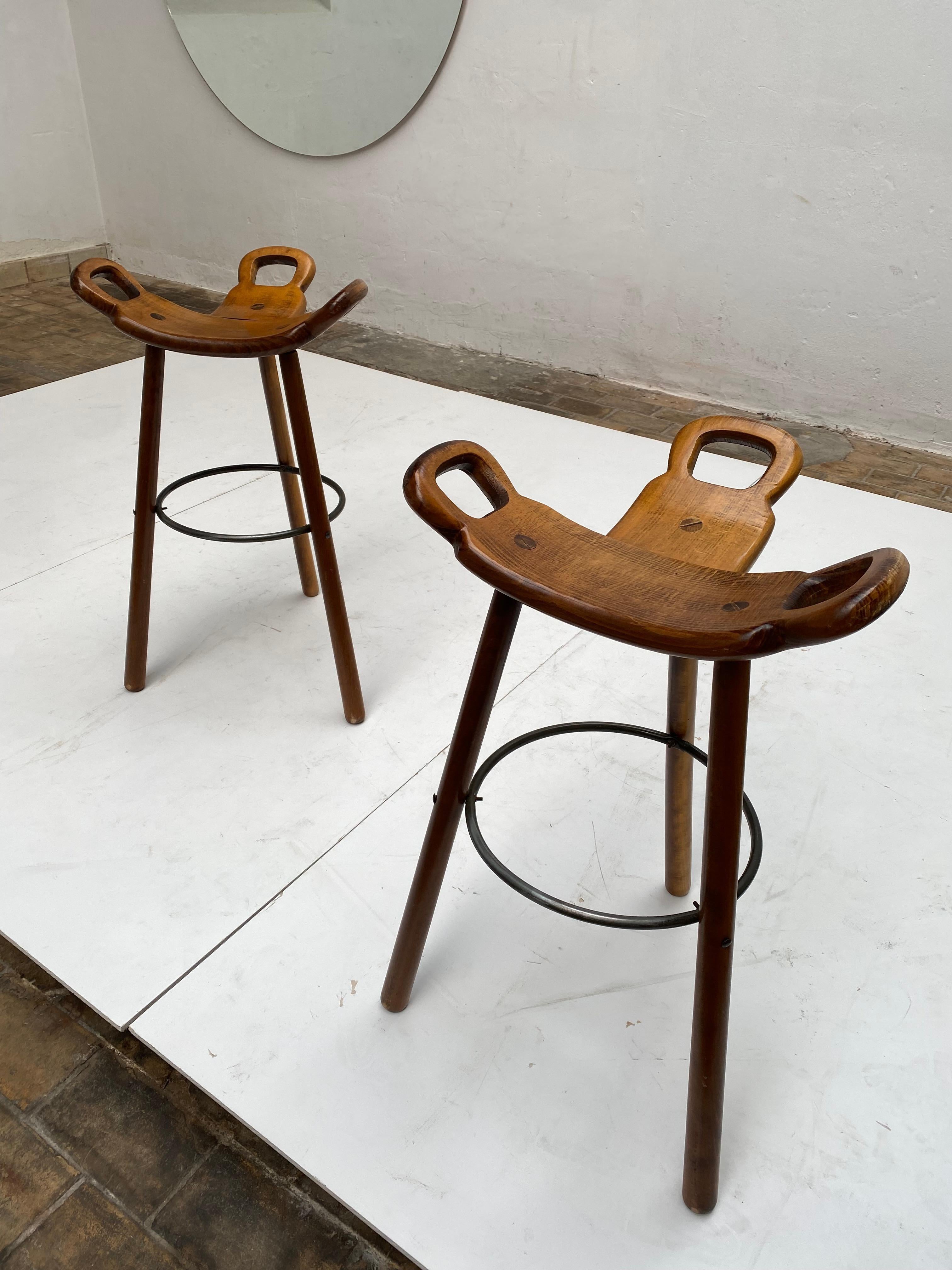 Sergio Rodrigues for Confonorm Pair of Brutalist Birch Bar Stools Spain 1970's 5