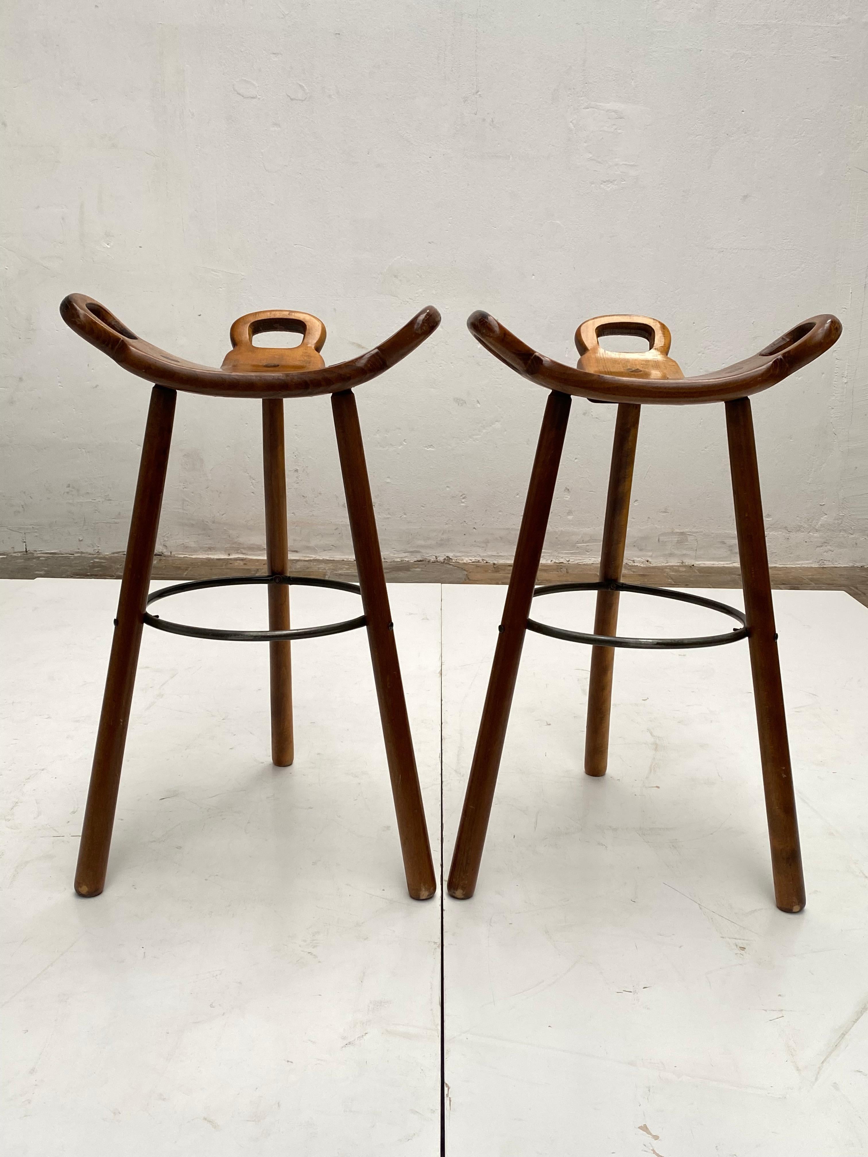Late 20th Century Sergio Rodrigues for Confonorm Pair of Brutalist Birch Bar Stools Spain 1970's