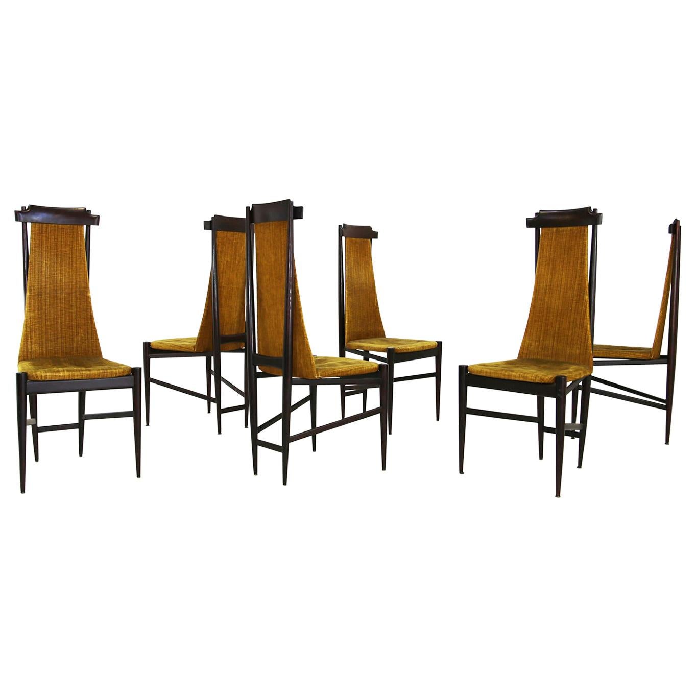 Sergio Rodrigues for Isa Bergamo Set of Midcentury Chairs Six Yellow Velvet 1950