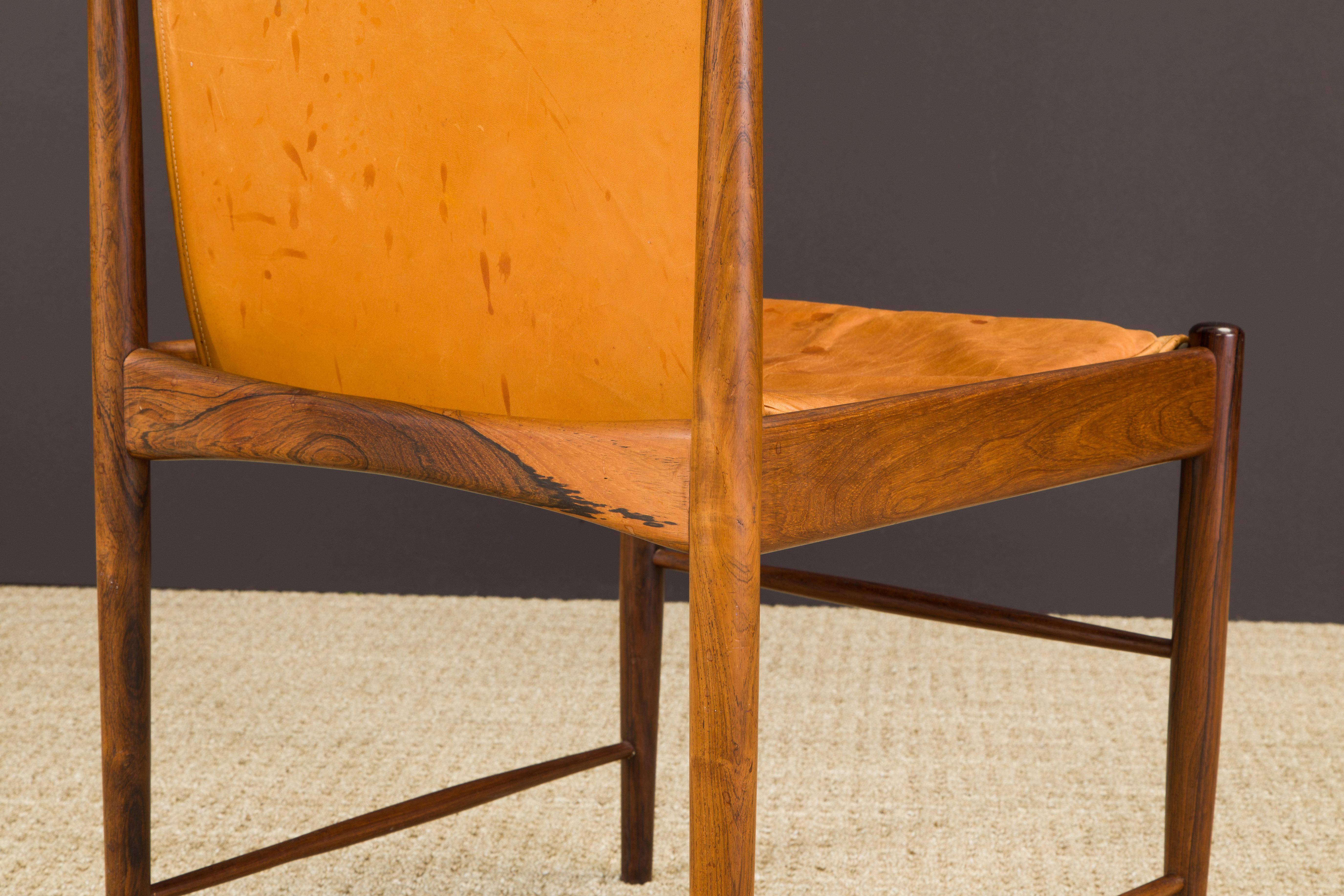 Mid-Century Modern Sergio Rodrigues for Oca Jacaranda & Leather Cantu Chairs, c 1959 Brazil, Signed For Sale