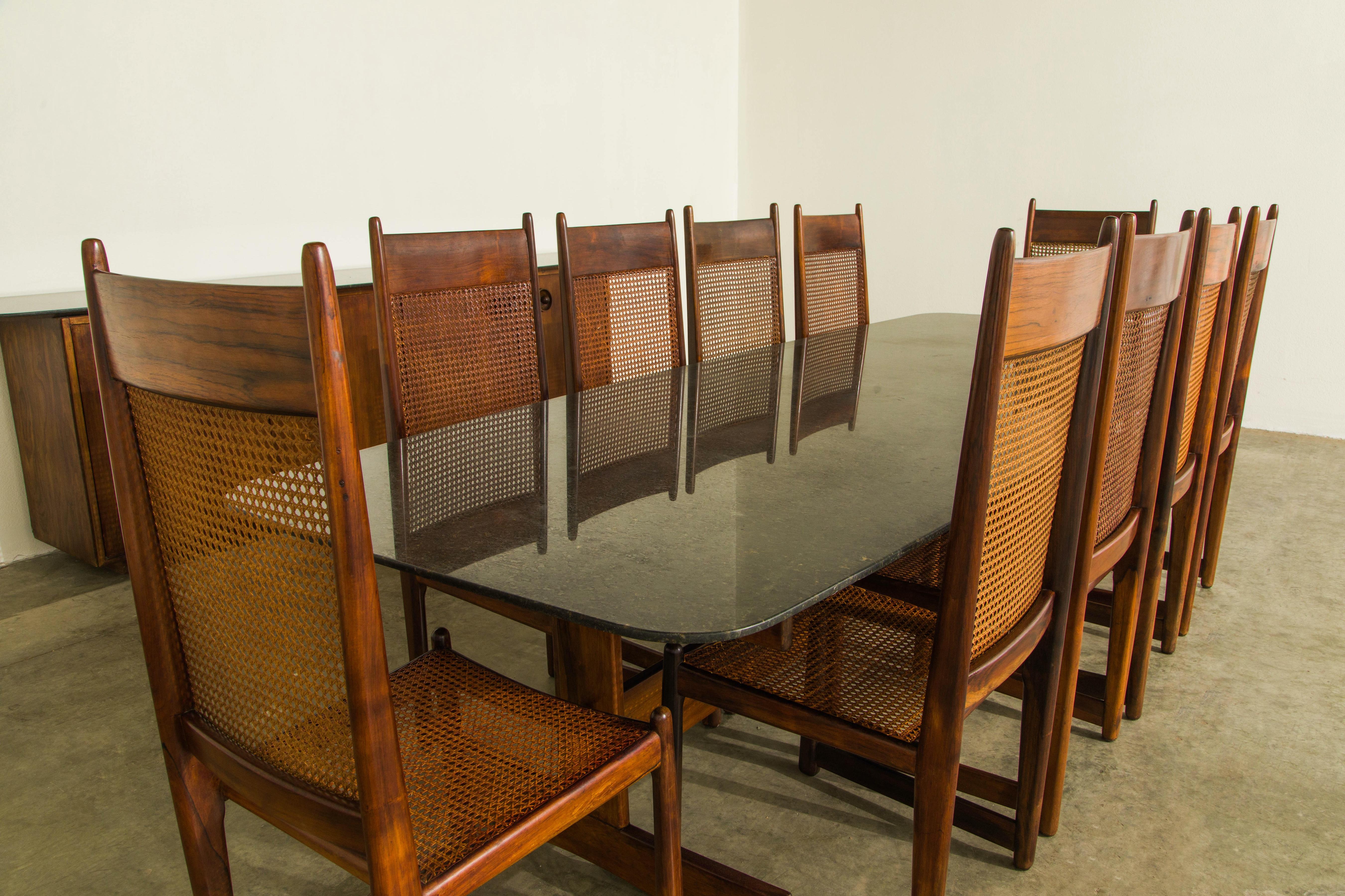 Sergio Rodrigues Jacaranda & Granite Dining Table with Ten Dining Chairs, 1960s 4