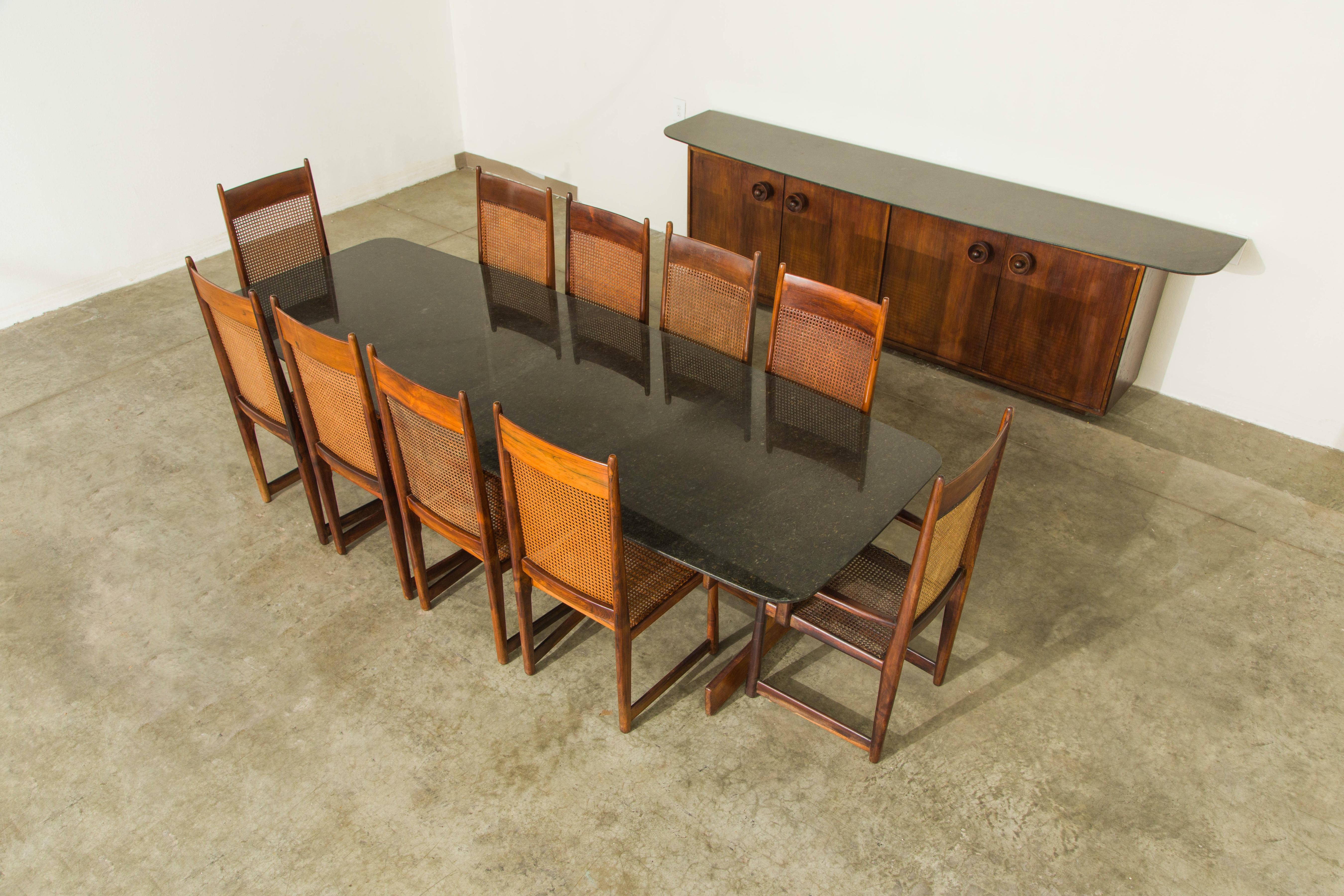 Brazilian Sergio Rodrigues Jacaranda & Granite Dining Table with Ten Dining Chairs, 1960s